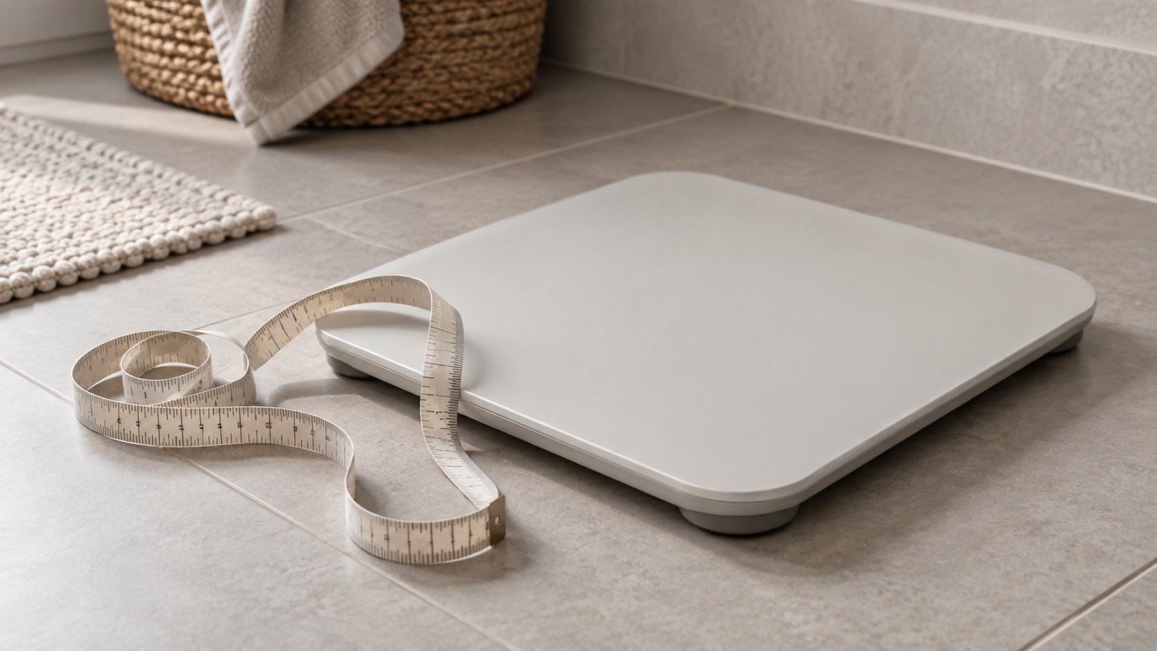 A blank bathroom scale and measuring tape on a neutral floor.
