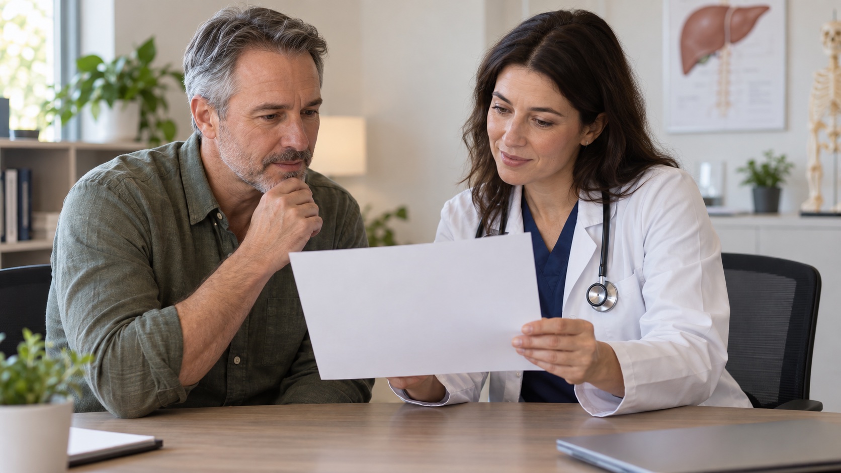 A clinician and adult discuss a blank imaging sheet.