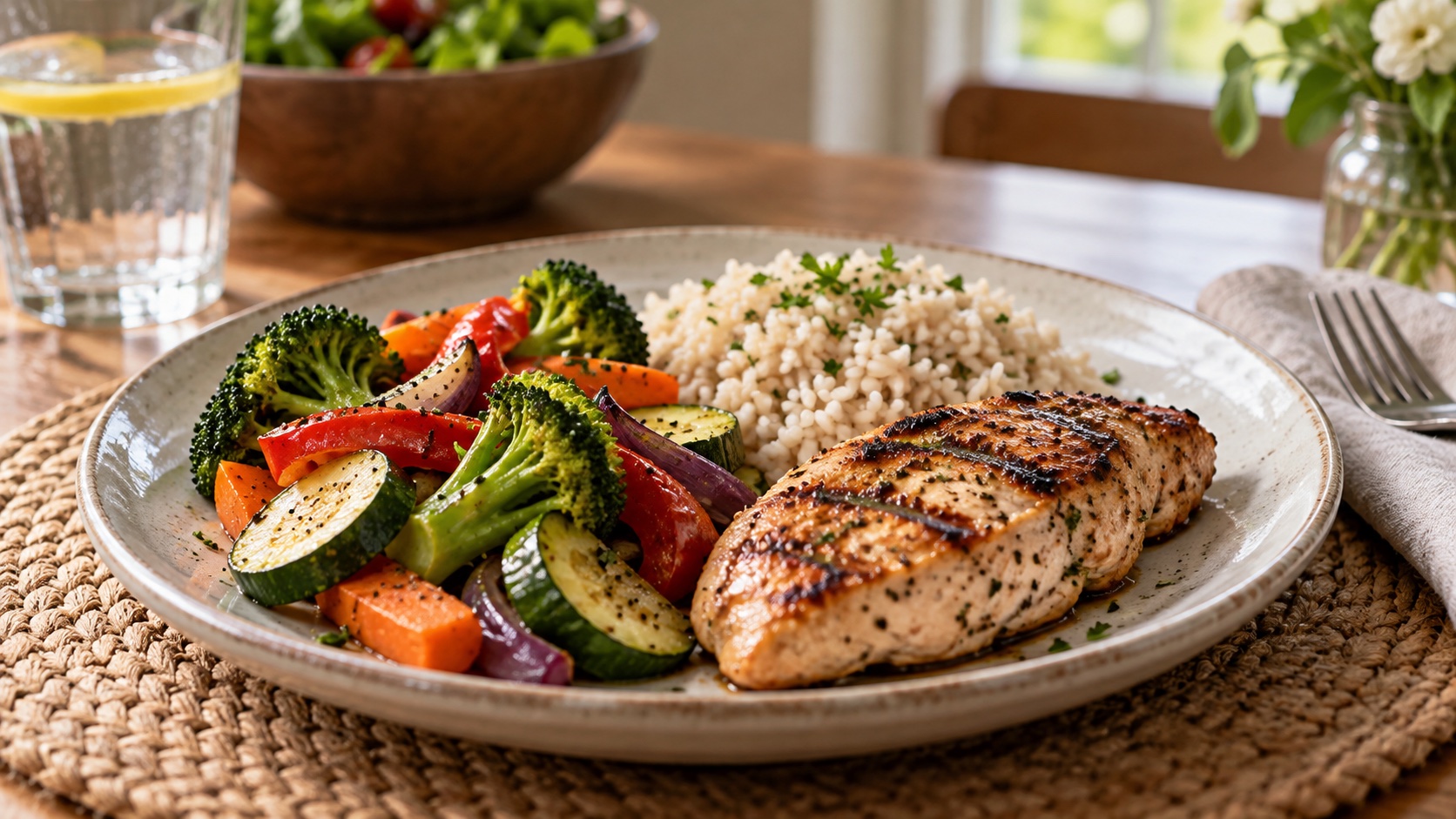 A meal plate holds vegetables, protein, and rice.