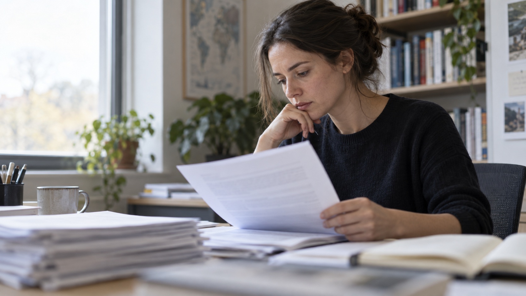 A researcher reviews blurred epidemiology papers at a desk.