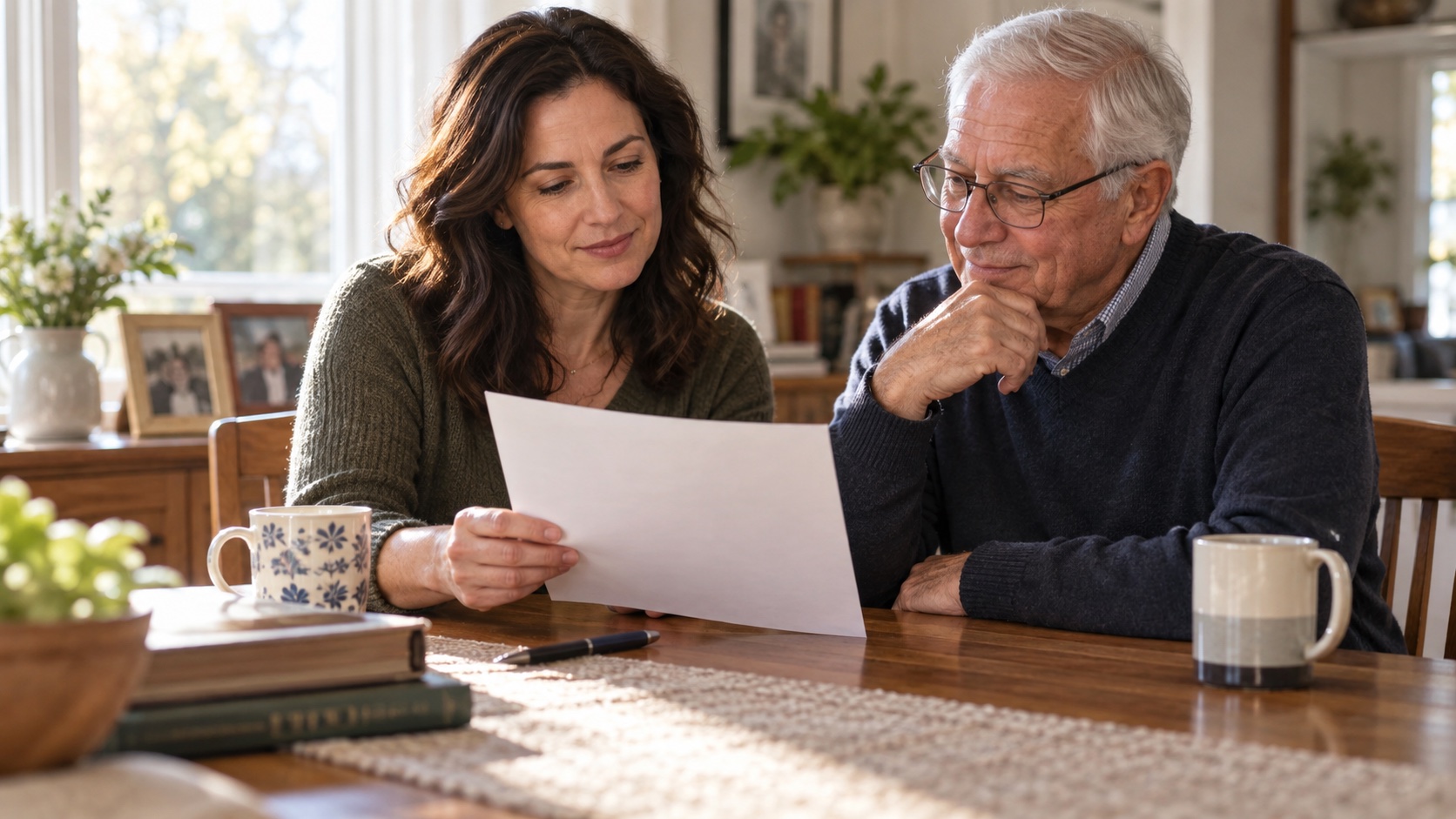 An adult woman and older man review a blank family-history sheet at home.