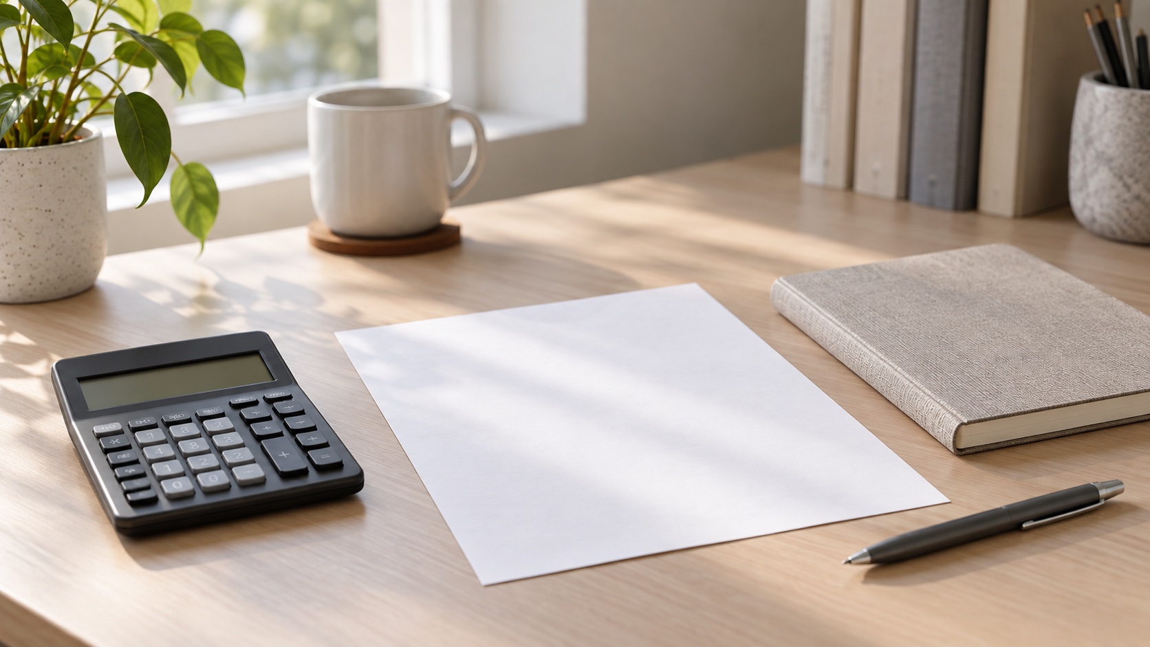 A calculator and blank worksheet on a clean desk.