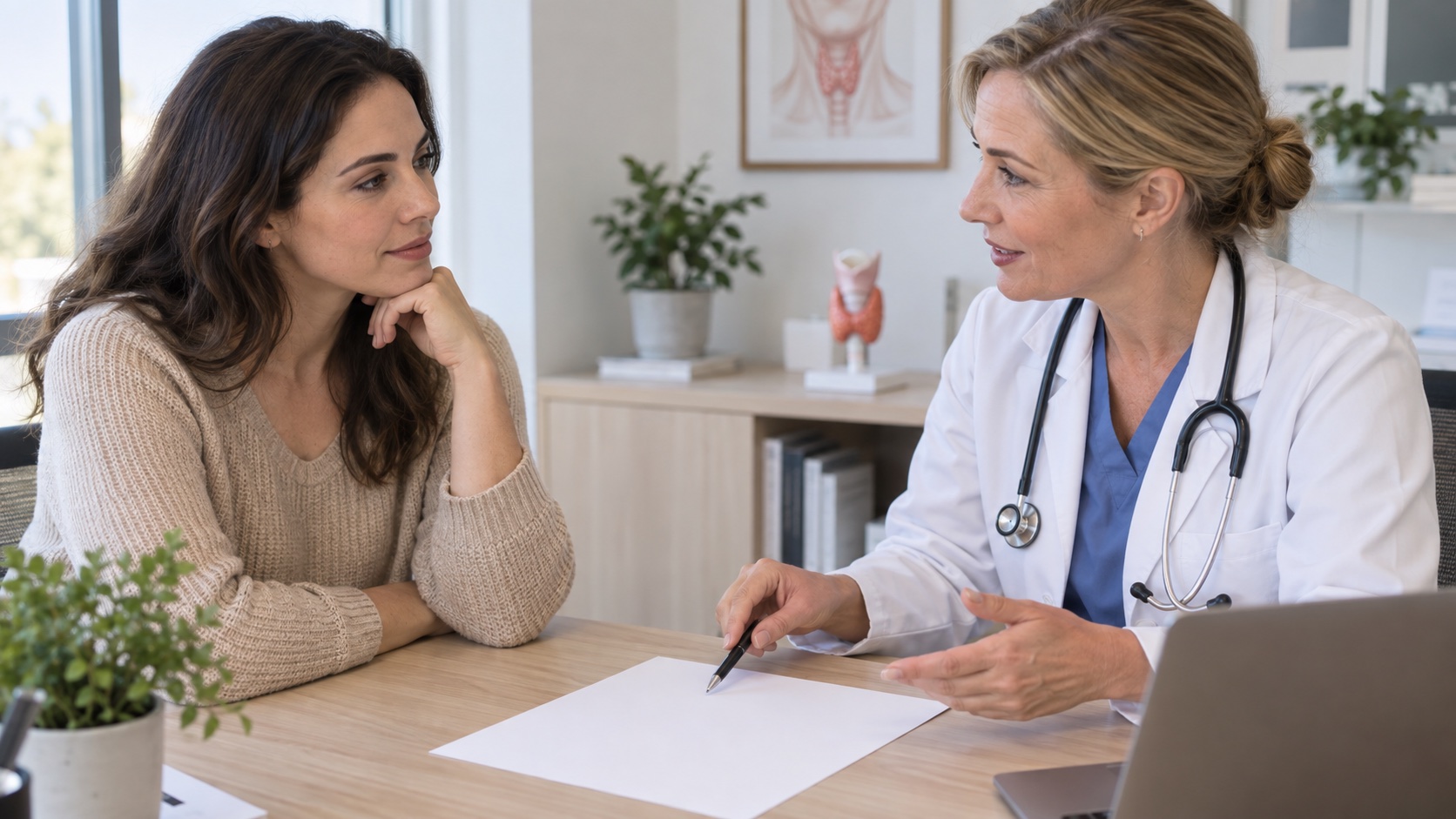 A woman and clinician review a blank thyroid test sheet.
