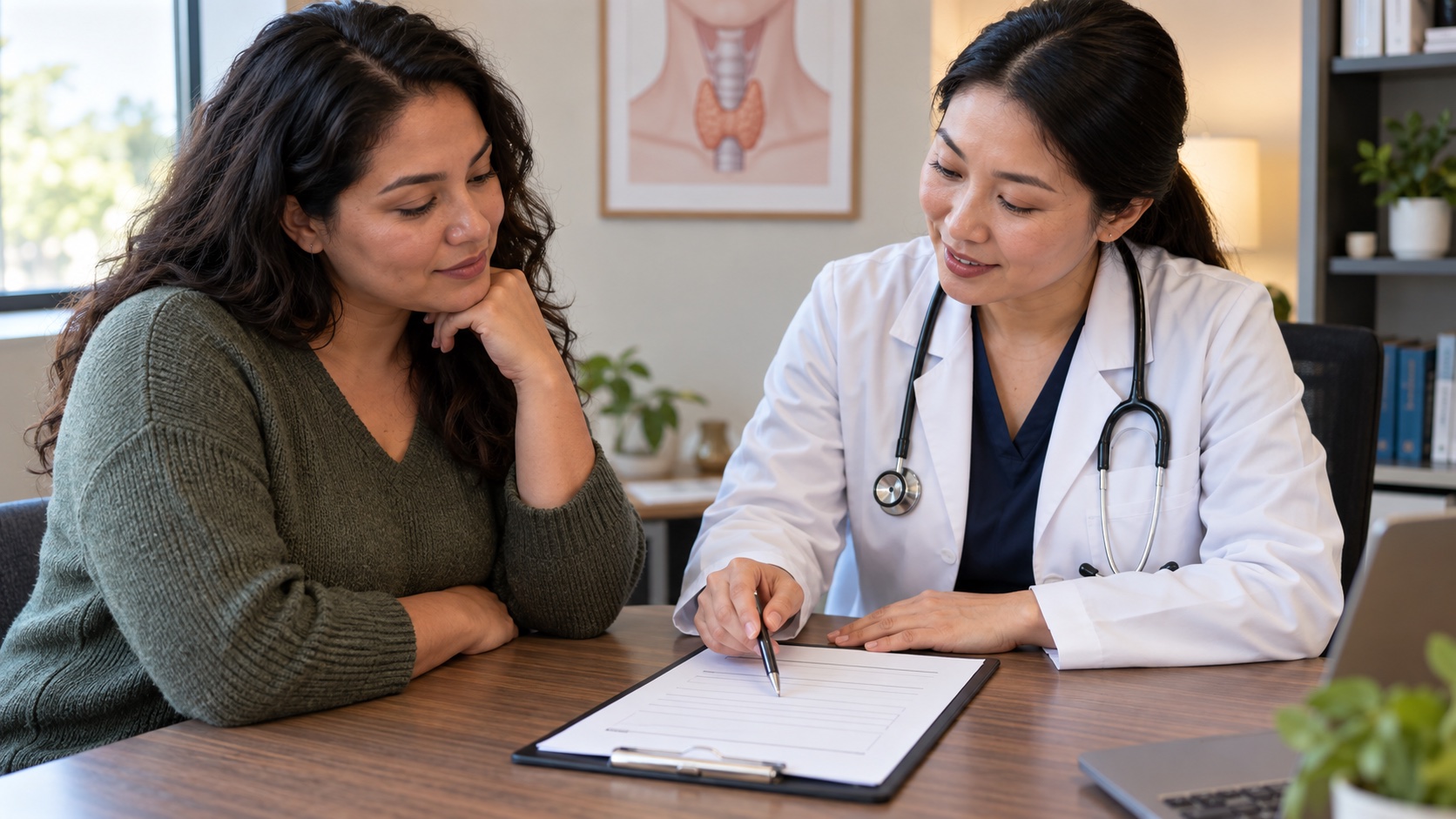 An adult and clinician review a blank lab order in a clinic.