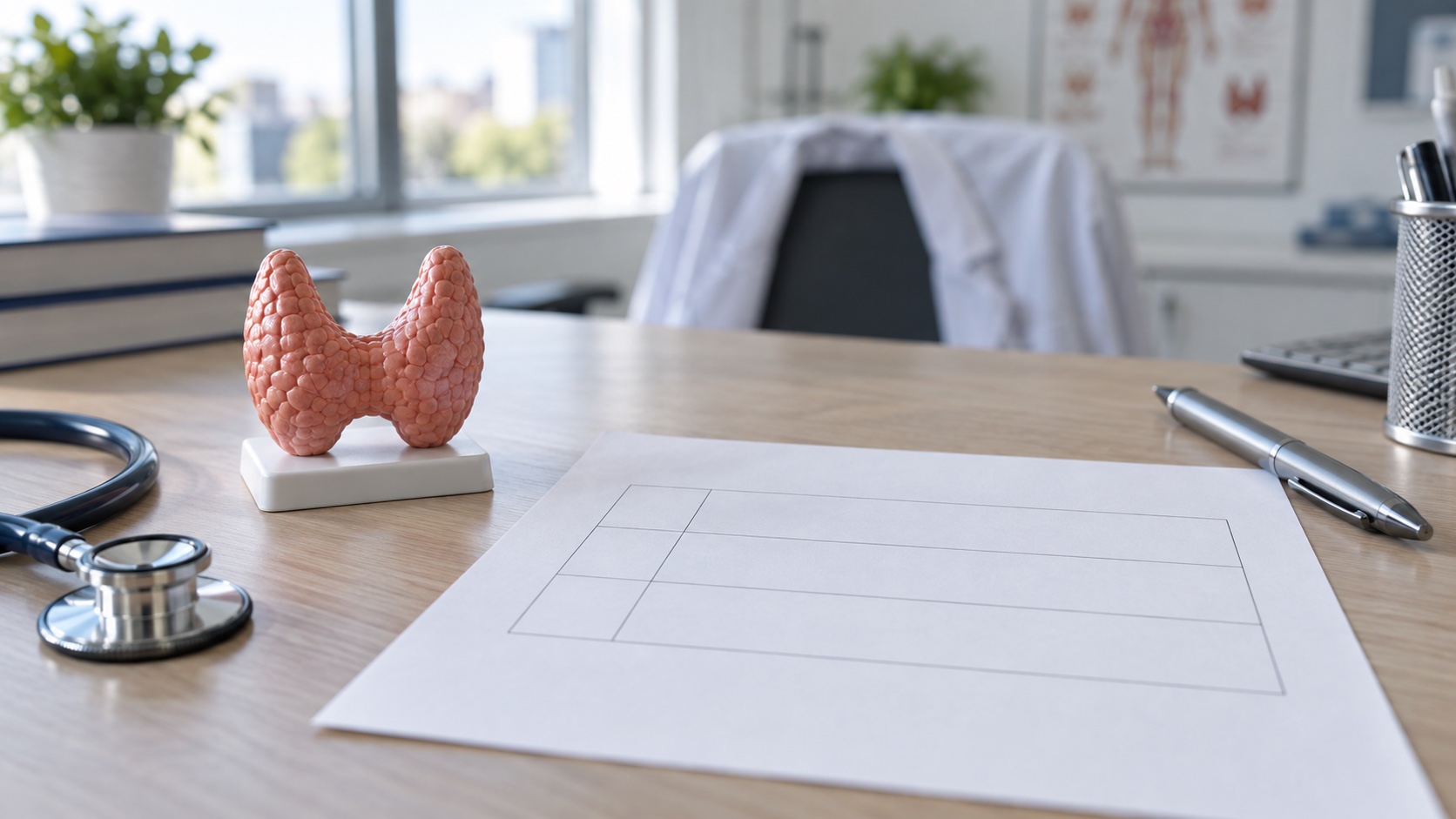 A plain thyroid model and blank lab sheet on a desk.