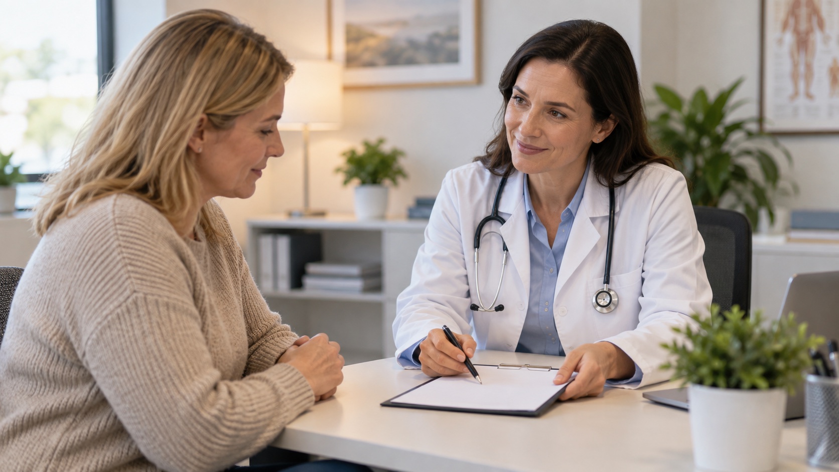 A fully clothed adult speaks with a clinician in a calm office.