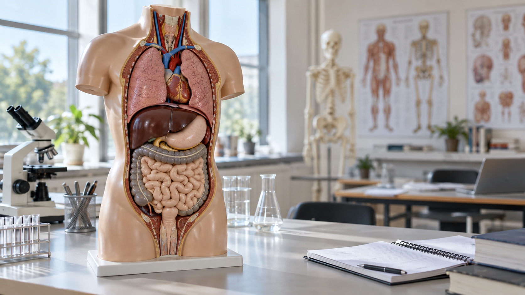 An unlabelled torso model with internal organs on a desk.
