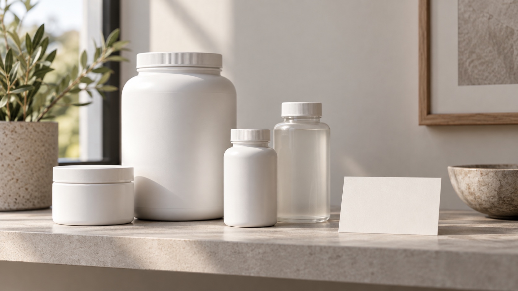 Unlabelled supplement containers beside a short blank note.