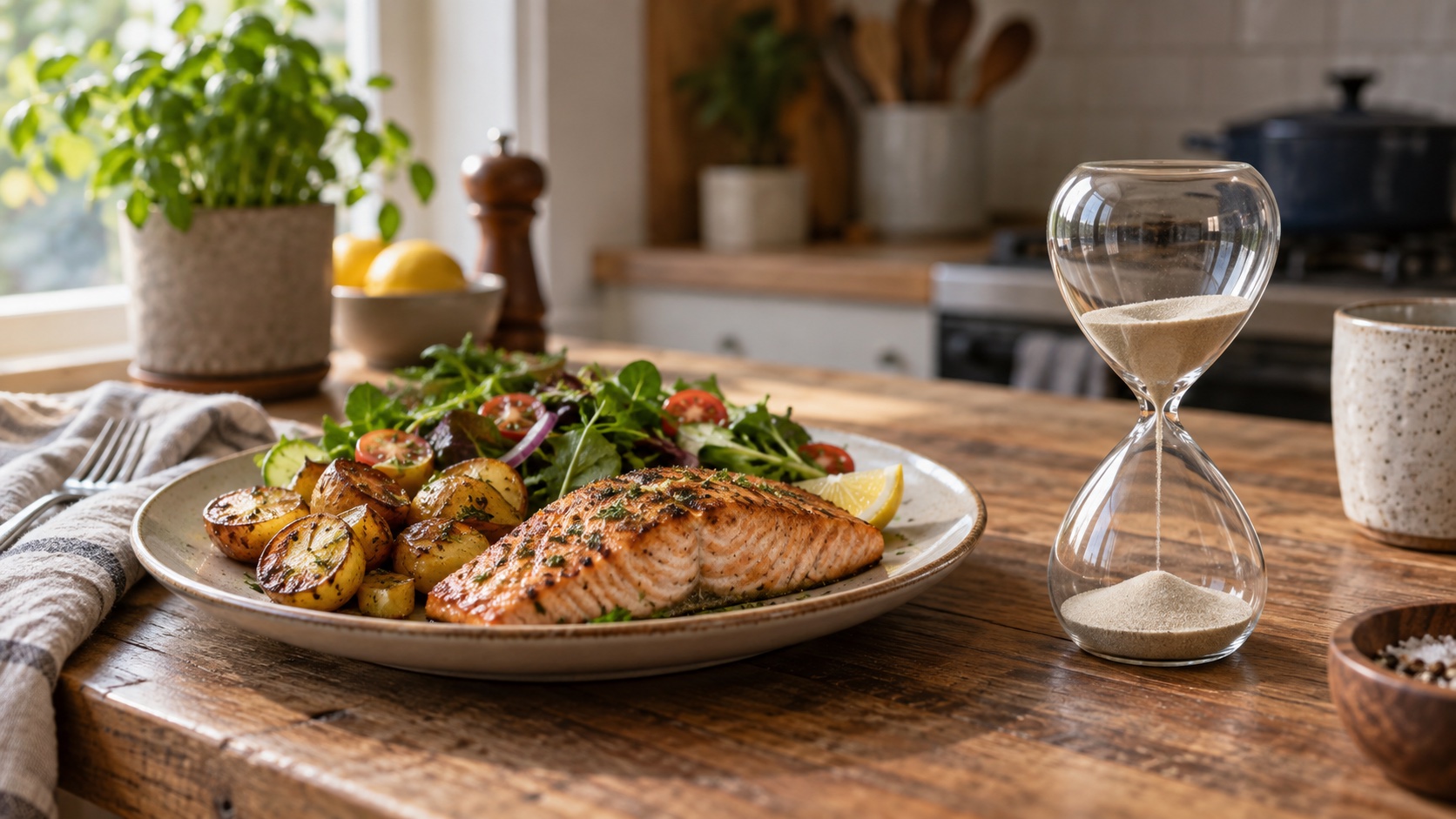 A meal beside a plain hourglass on a home table.