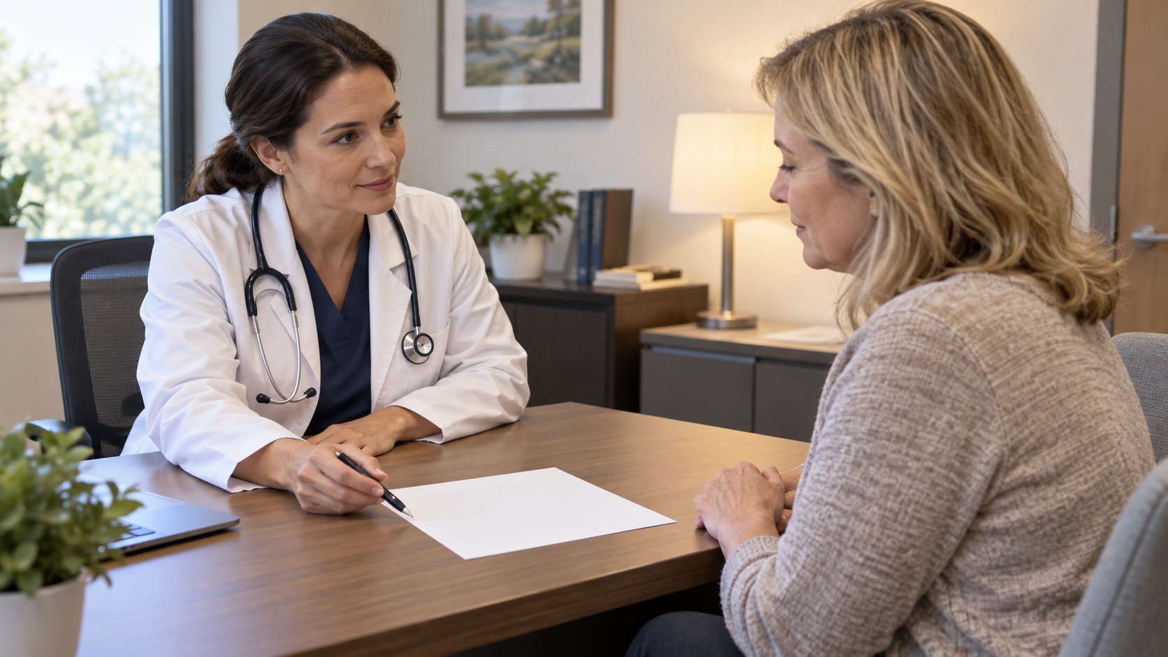 A clinician and adult review a blank safety sheet in an office.