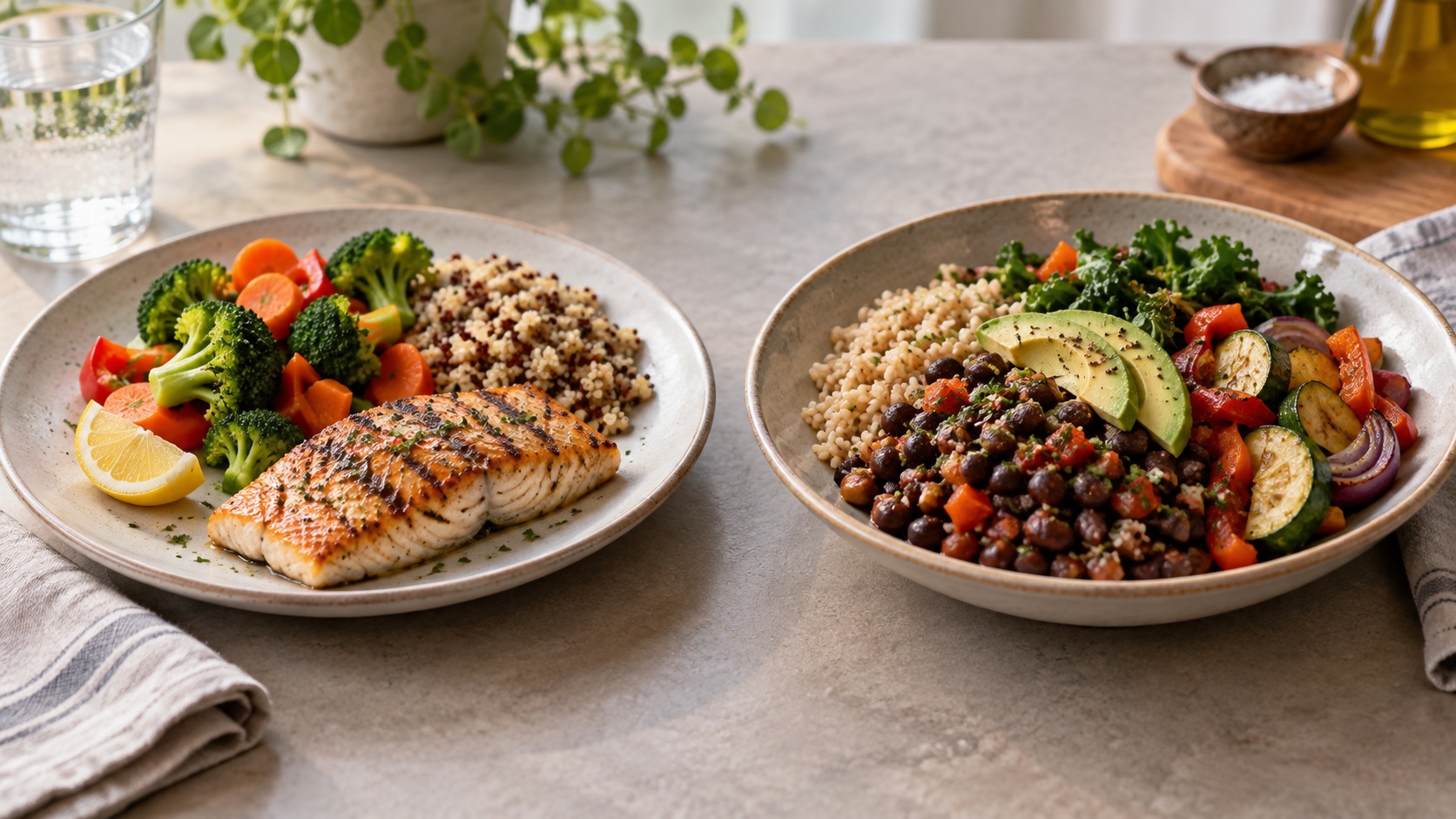 Two different balanced meals on a home table.