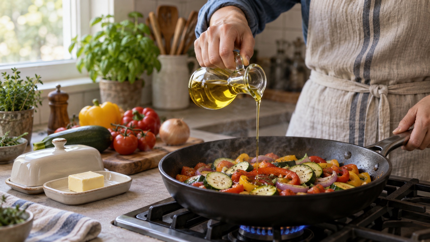 An adult adds olive oil to vegetables beside a small butter dish.