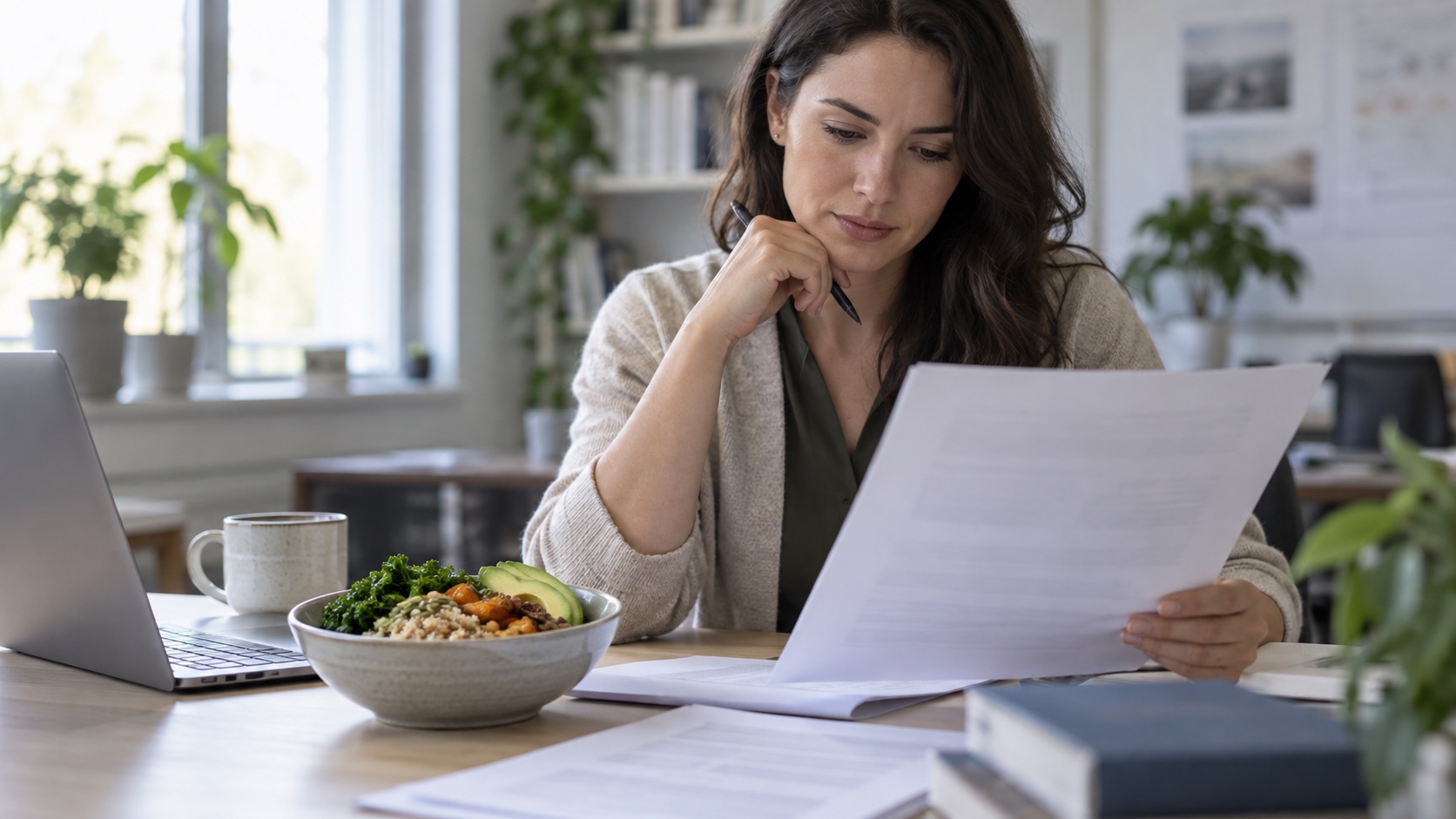 A researcher reviews papers beside fiber-rich foods.