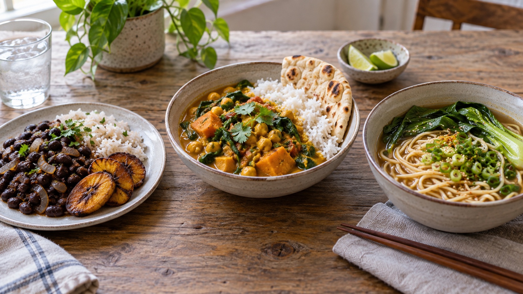 Three modest balanced meals from different cuisines.