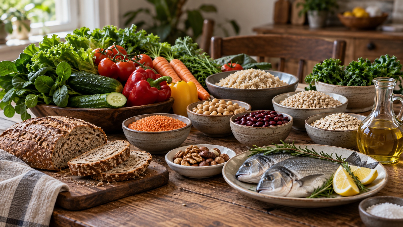 A modest spread of vegetables, legumes, grains, nuts, fish, and olive oil.
