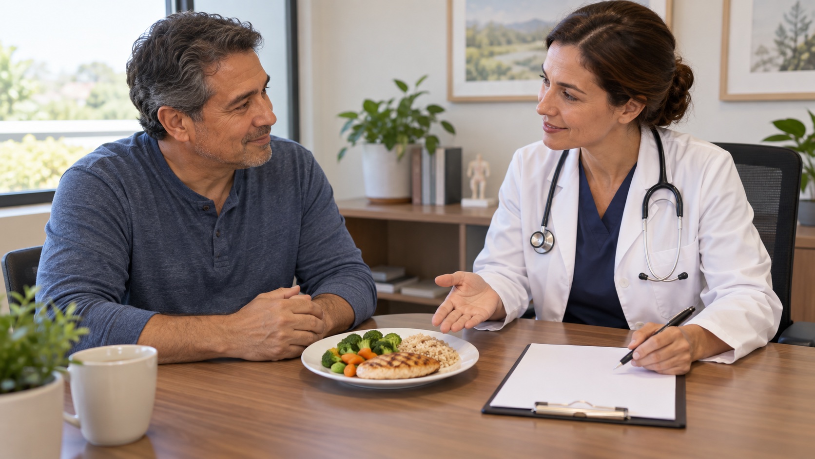 An adult speaks with a clinician beside a modest meal.