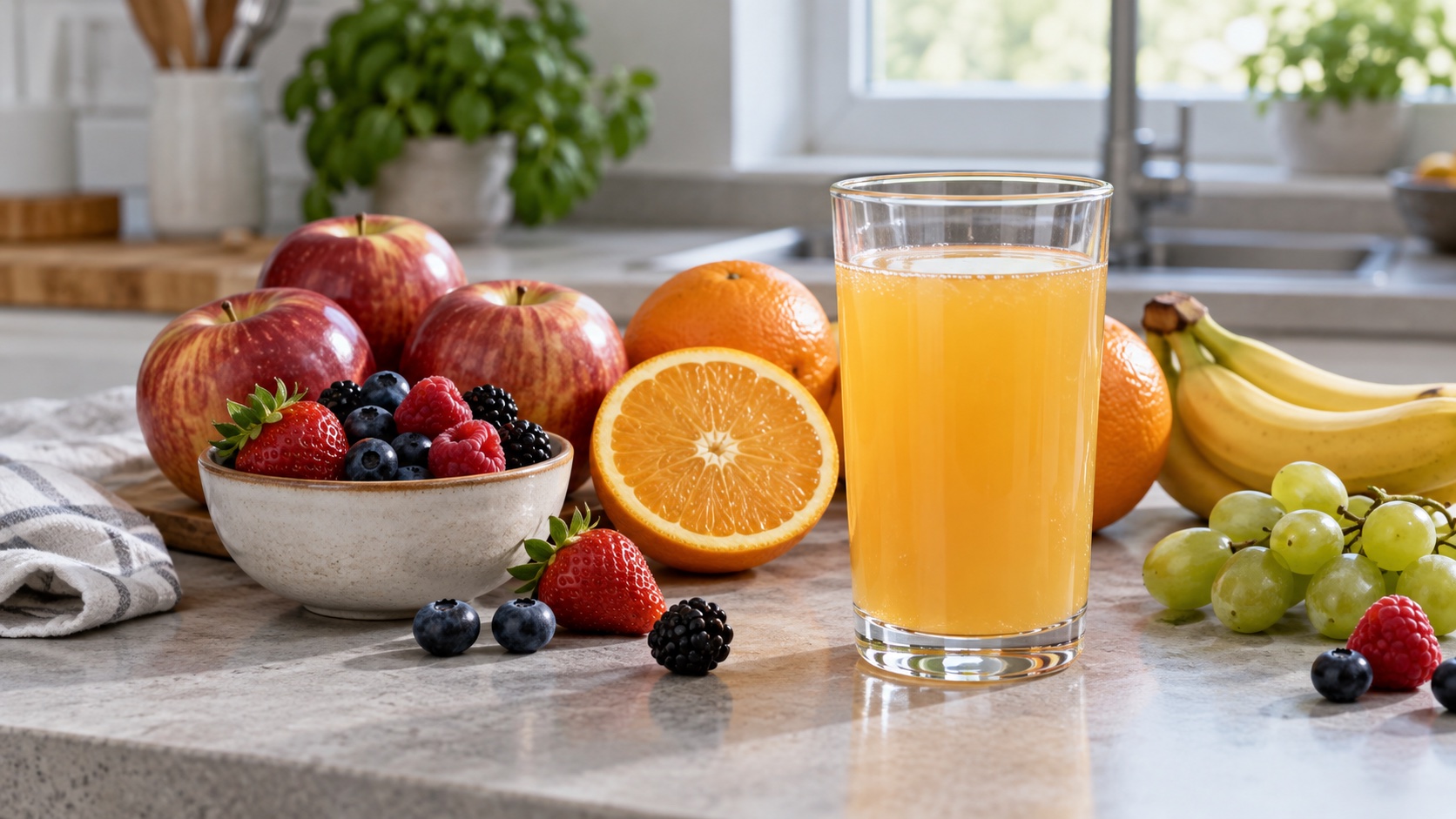 Whole fruit beside a plain sweetened drink on a research counter.