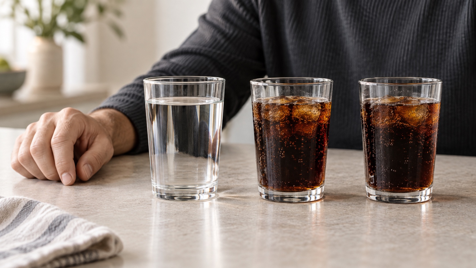 Water and two plain soft drinks in unlabelled glasses.