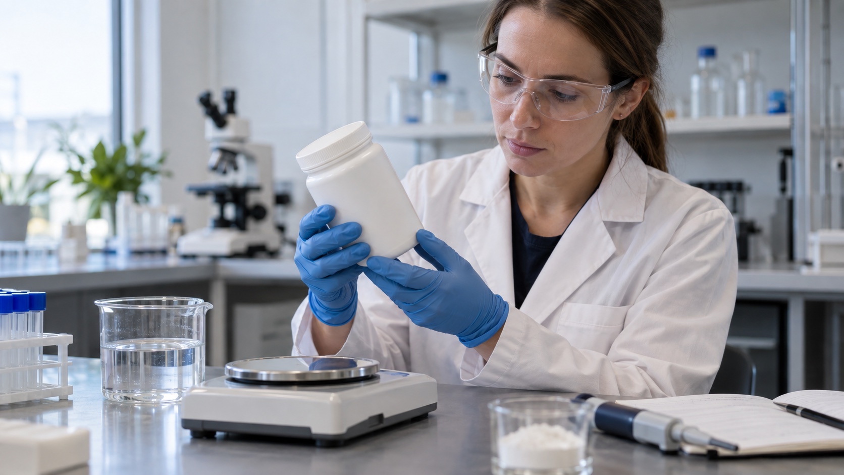 A technician inspects a sealed plain supplement container in a lab.