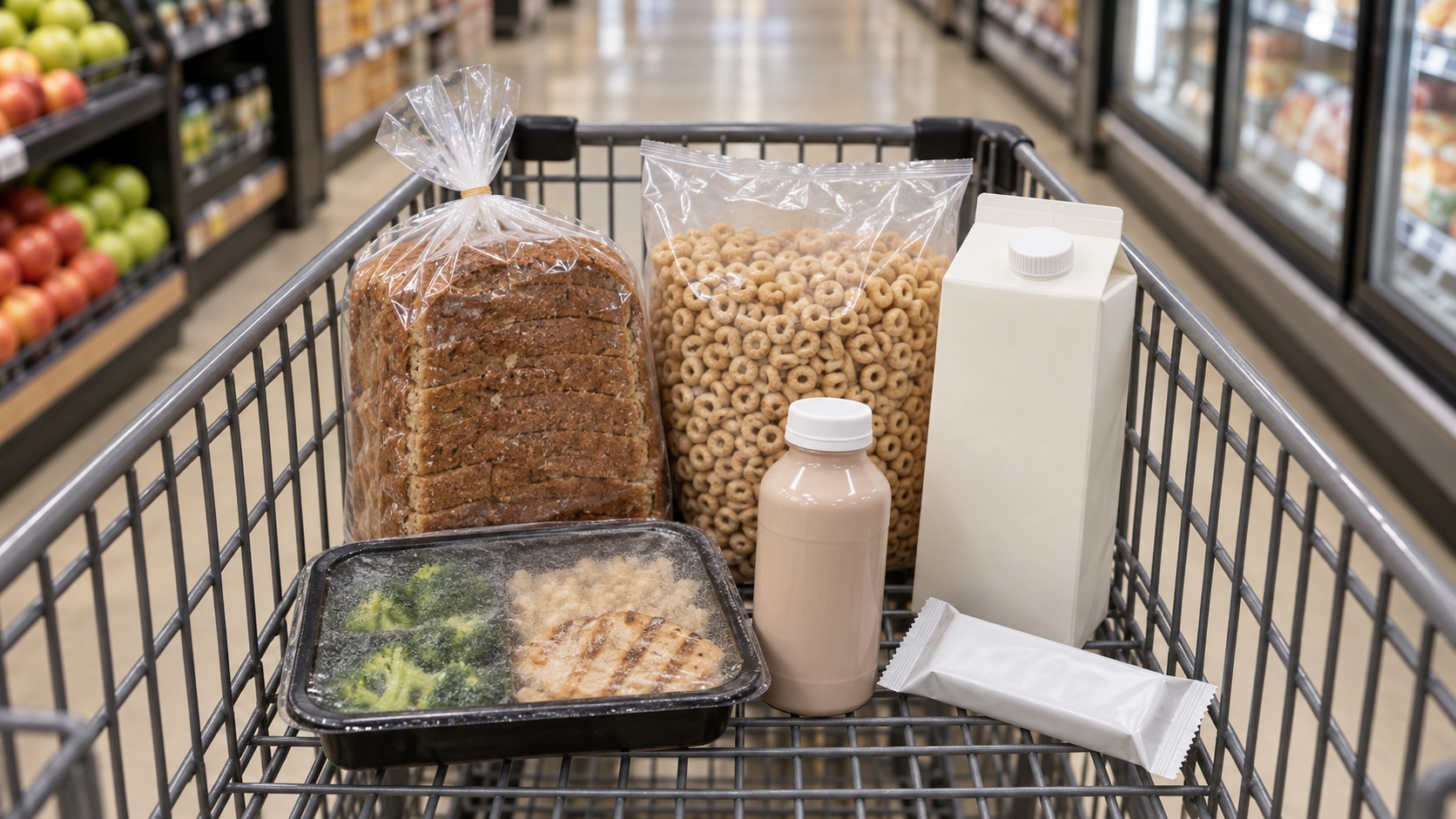 A grocery cart with bread, cereal, soy milk, a frozen meal, and a bar.