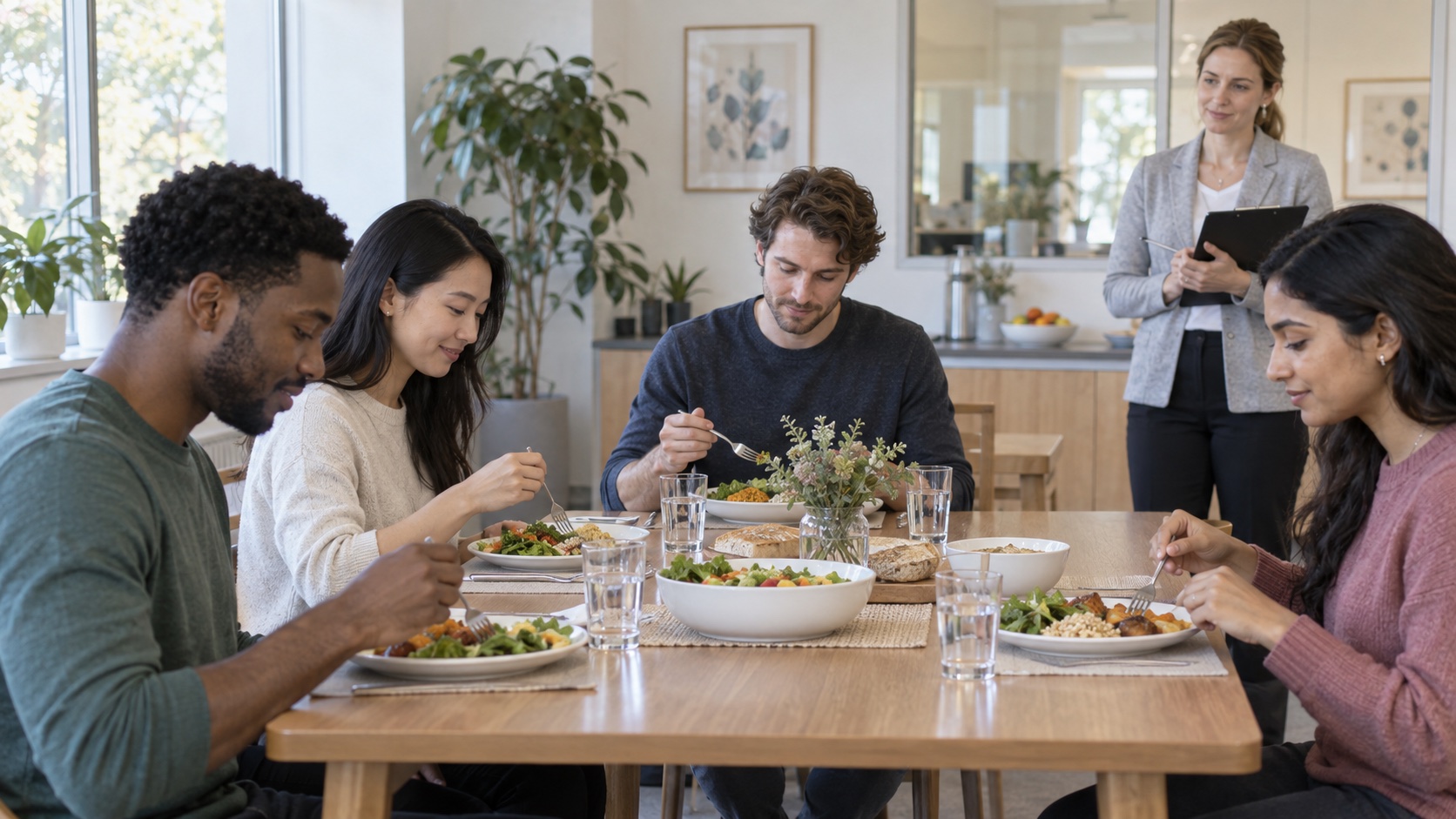 Adults share an ordinary meal in a simple study dining room.