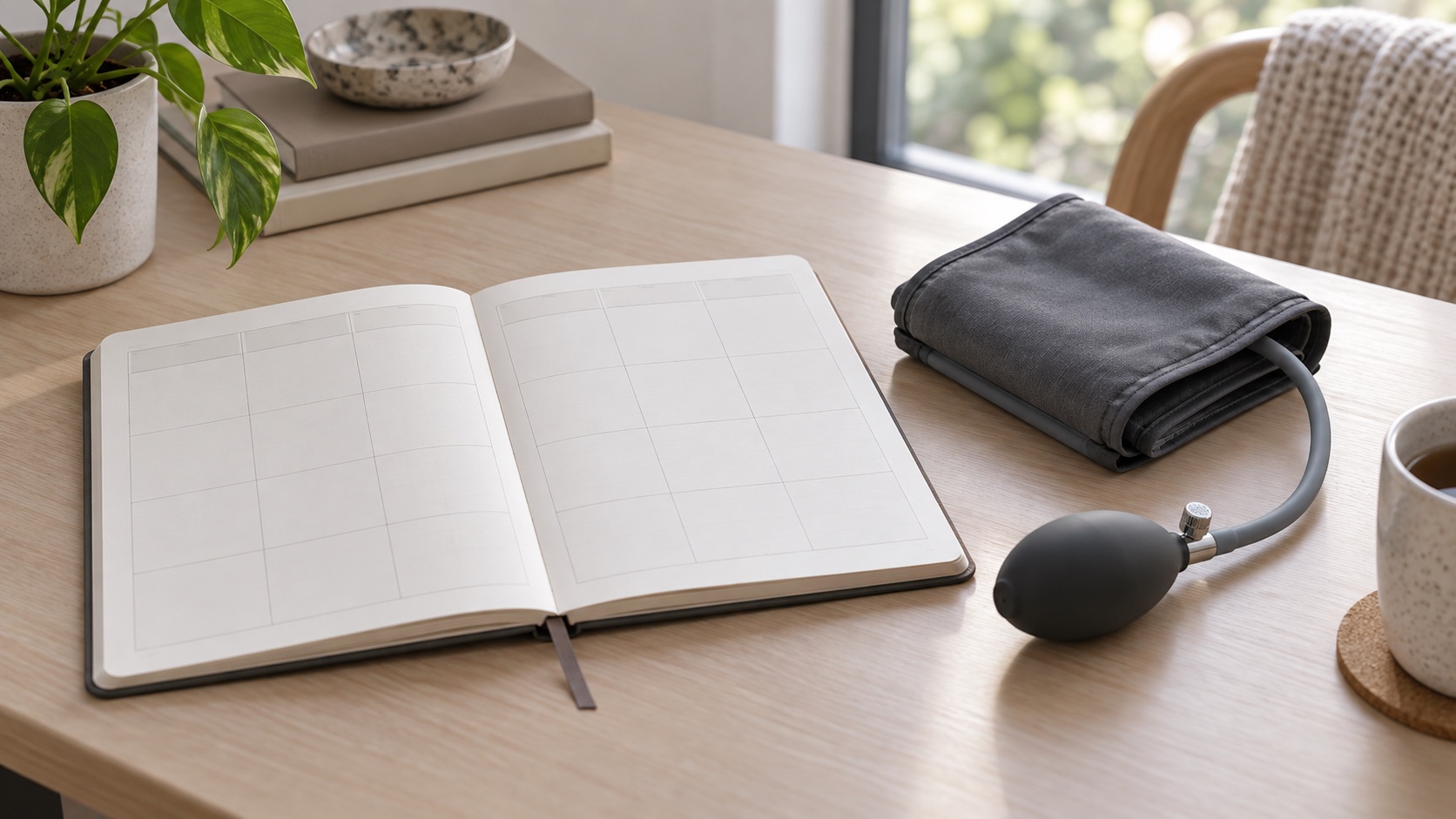 A blank eight-week planner beside an unbranded upper-arm cuff.