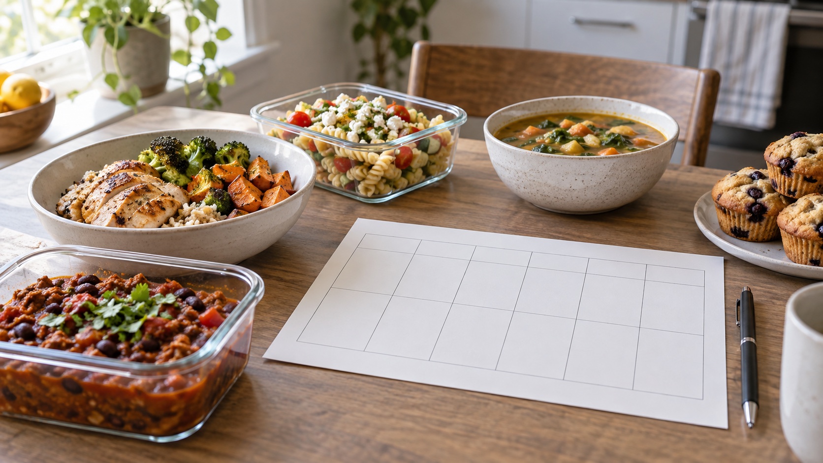 Ordinary meal-prep containers beside a blank weekly planner.