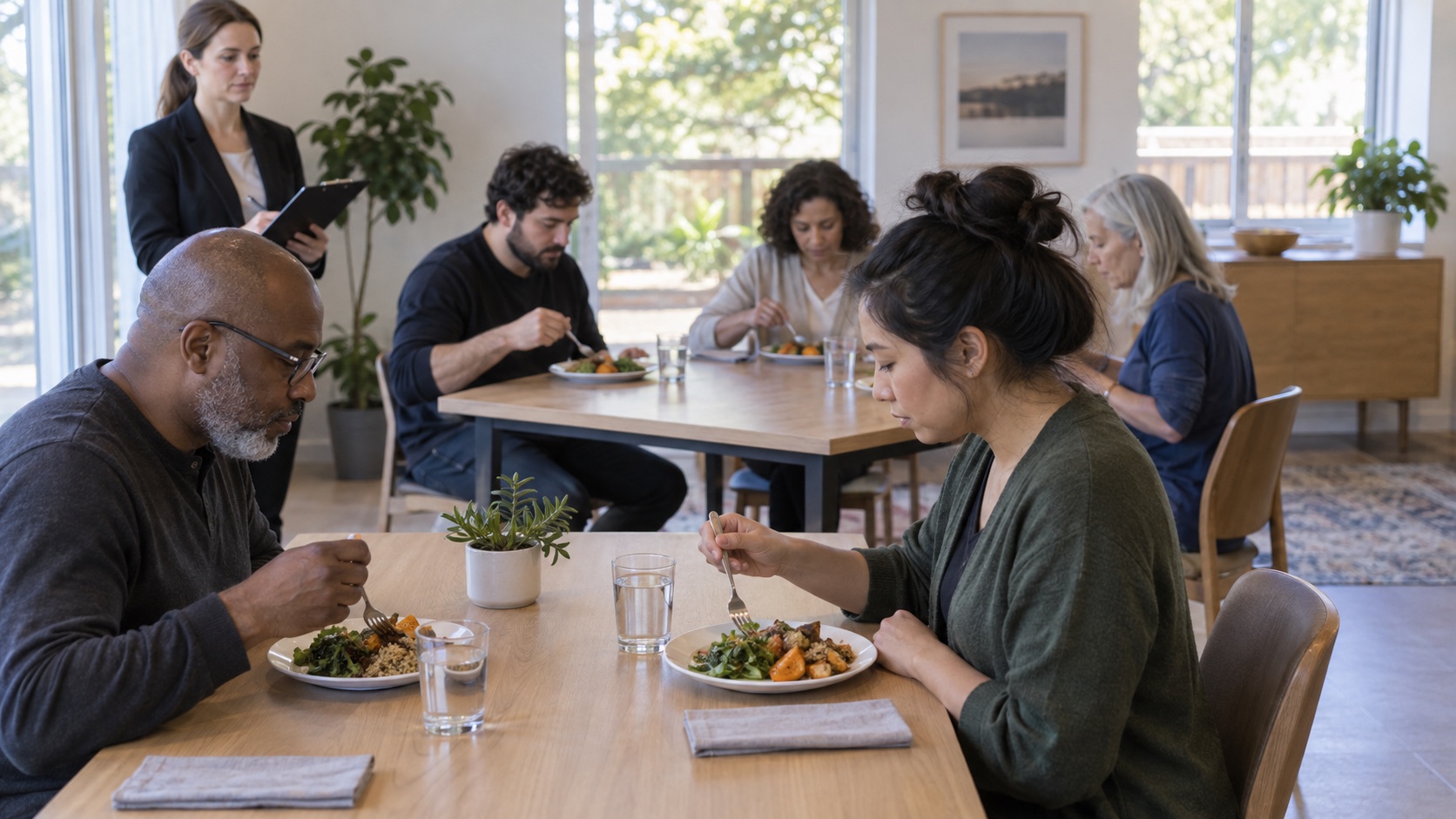 A researcher observes a modest meal study in a dining room.