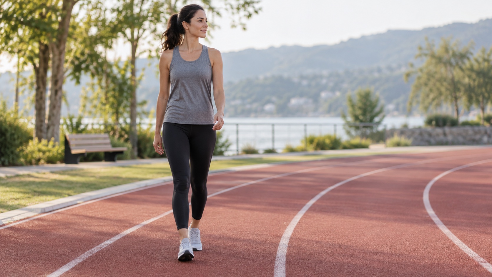 An adult walks easily on a track as a warm-up.