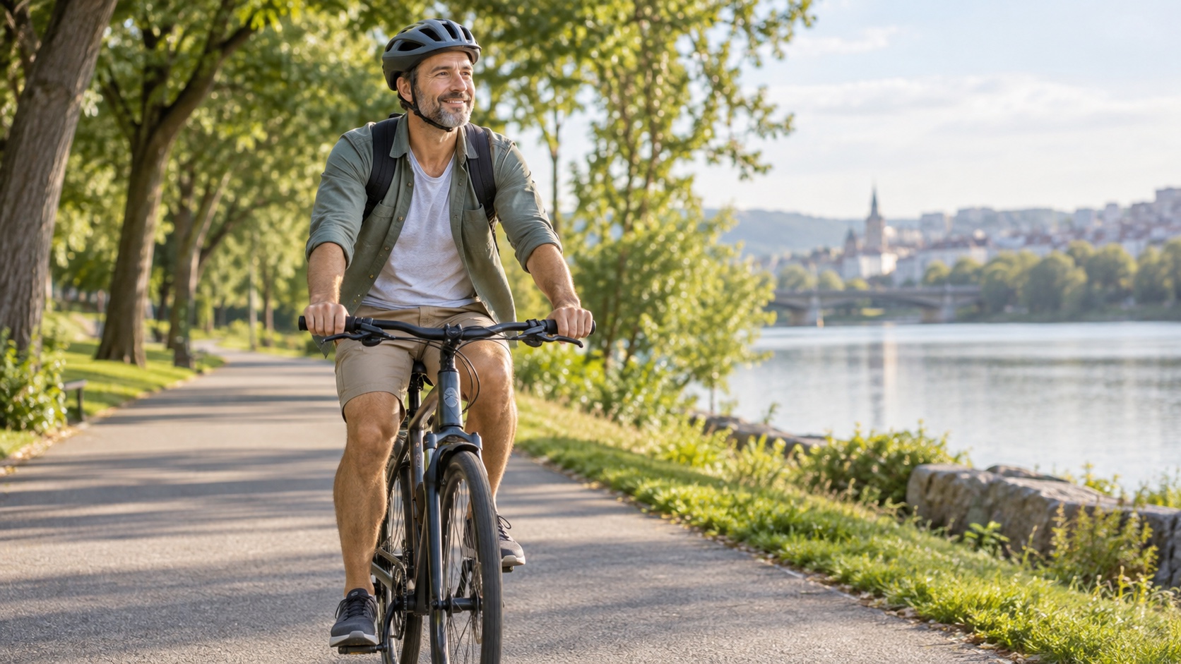 An adult rides a bicycle at a comfortable pace on a quiet path.