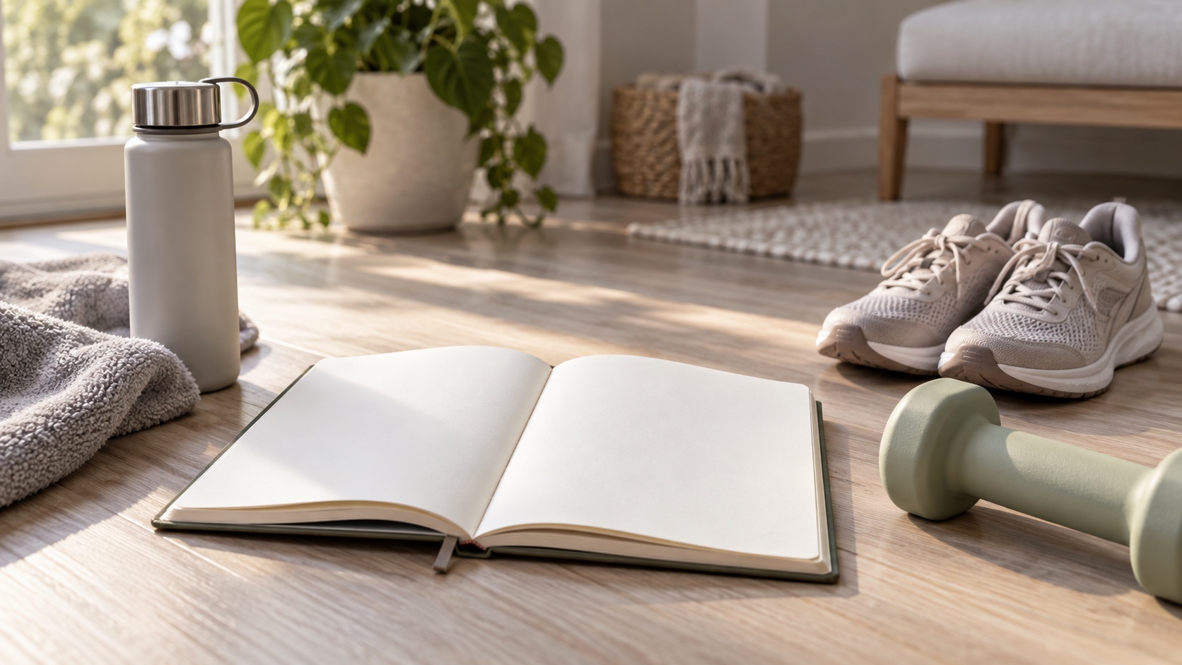 A blank weekly planner beside shoes and a light dumbbell.