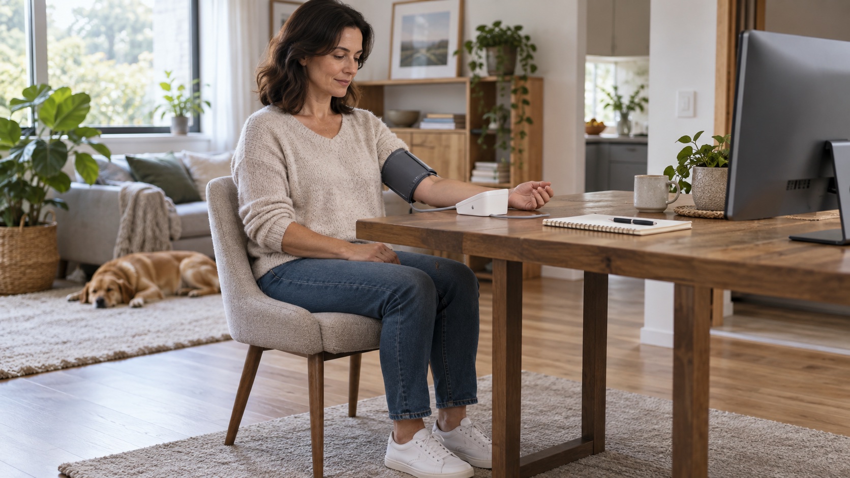 An adult uses a home upper-arm cuff while seated with a blank notebook.