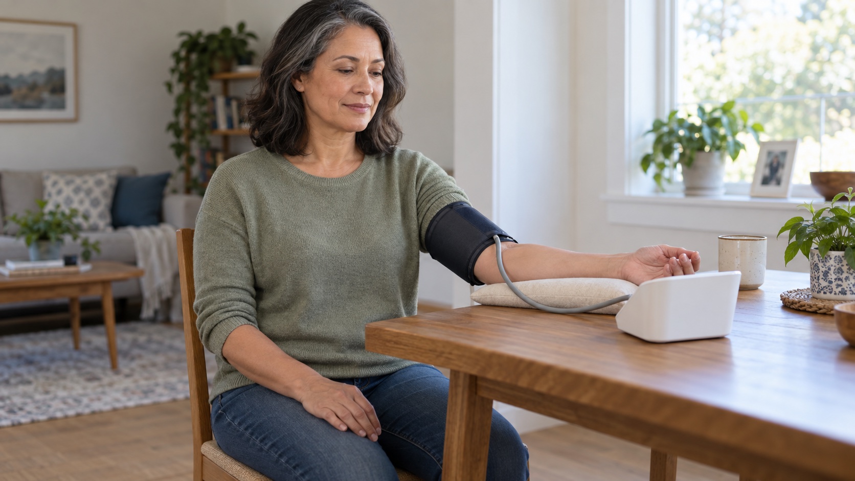 An adult sits at a table with an upper-arm blood-pressure cuff.