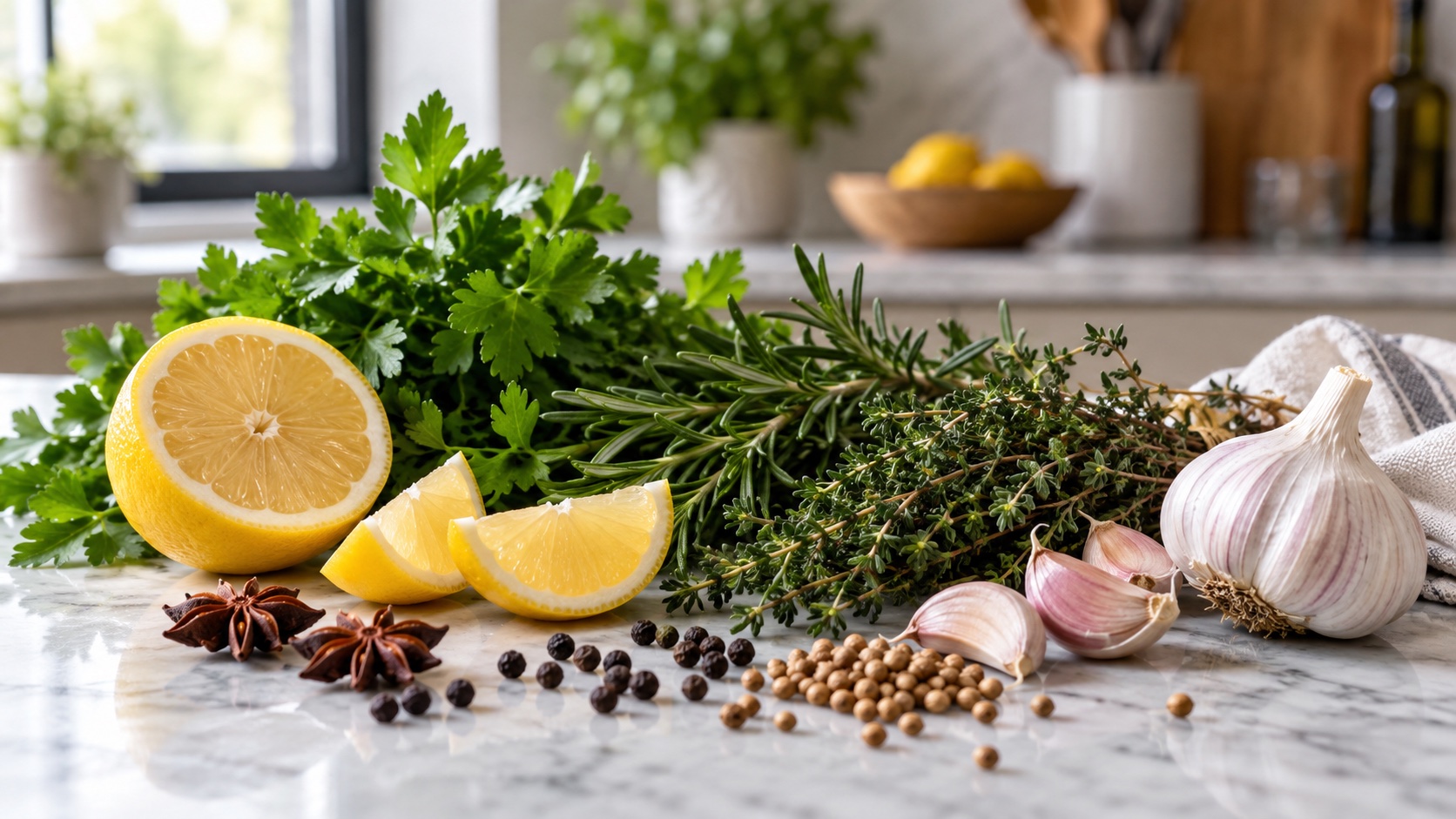 Herbs, citrus, garlic, and spices sit on a kitchen counter.