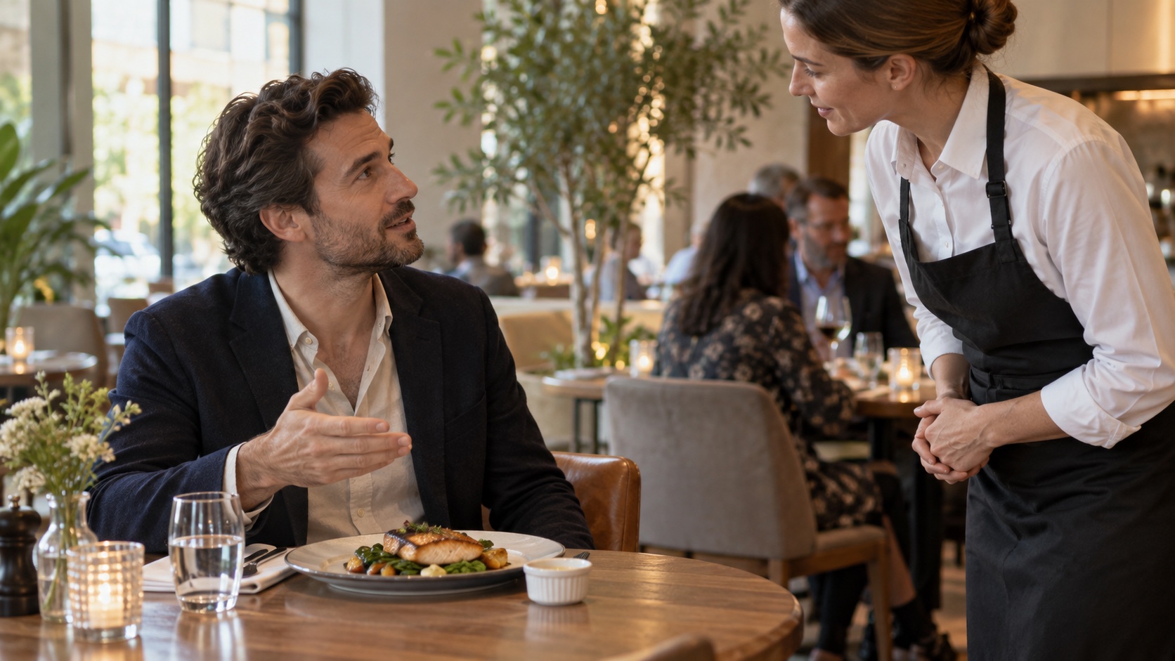 A diner speaks with a server beside a restaurant meal.