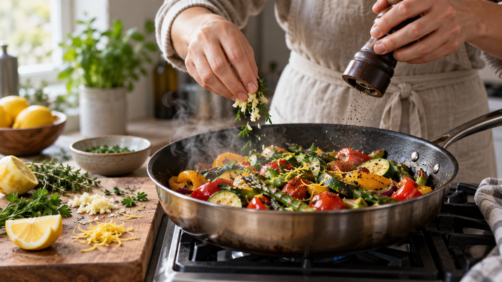 A home cook adds herbs and spices to vegetables.