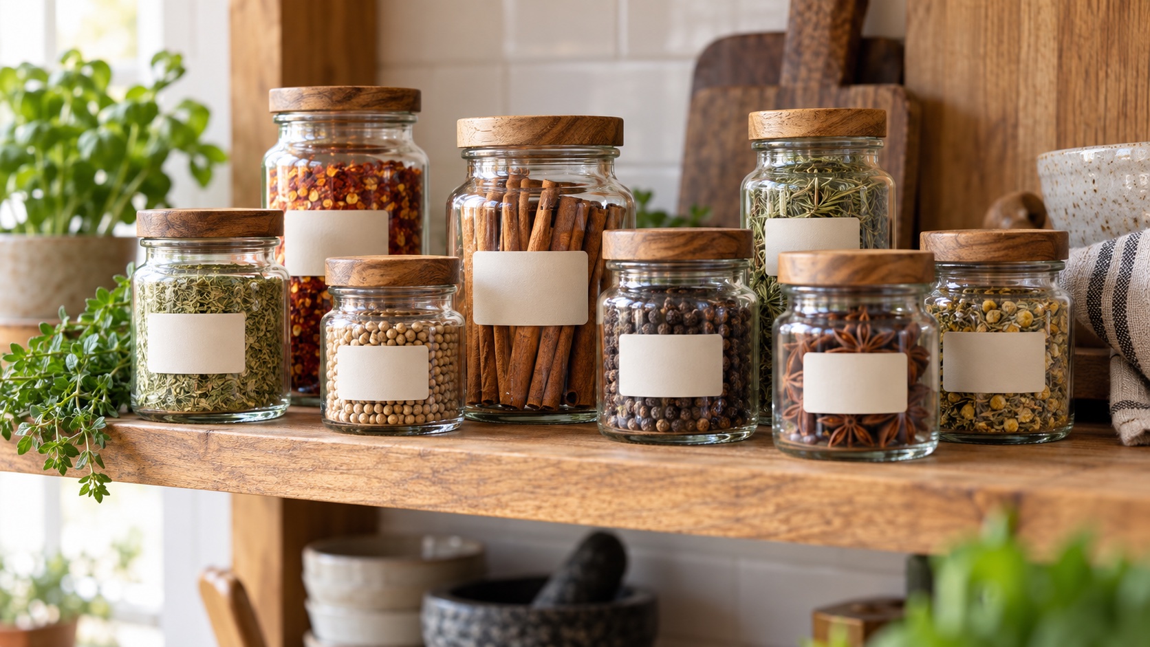 Small jars of herbs and spices line a kitchen shelf.