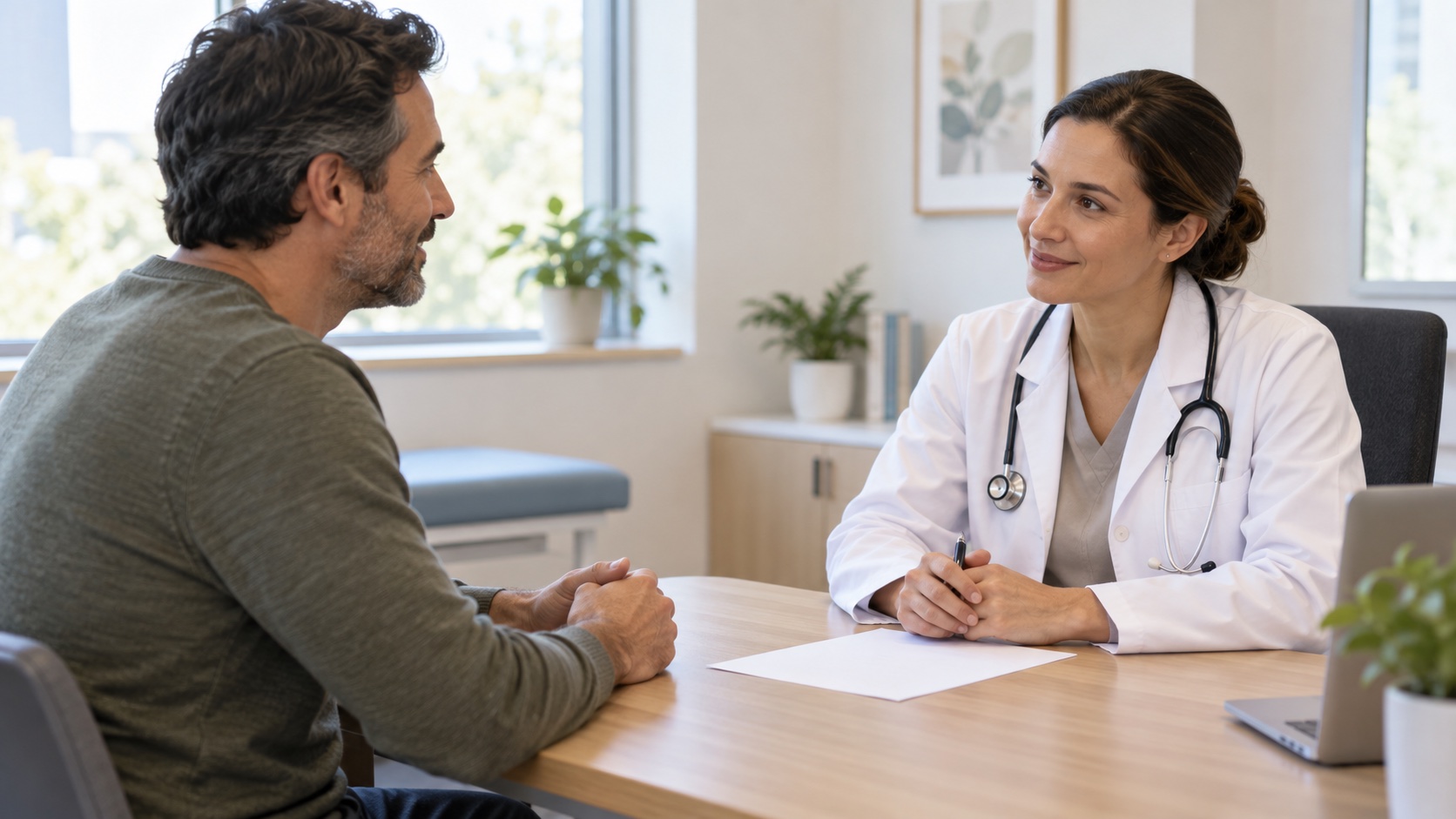 A patient and clinician talk in a calm exam room.