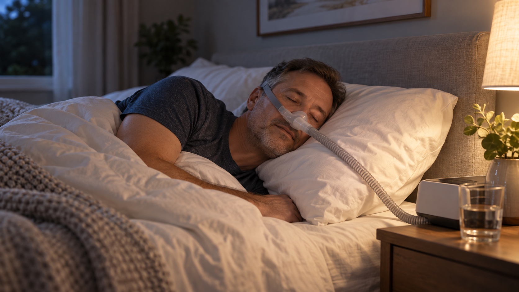 An adult sleeps with a CPAP mask in a dim bedroom.