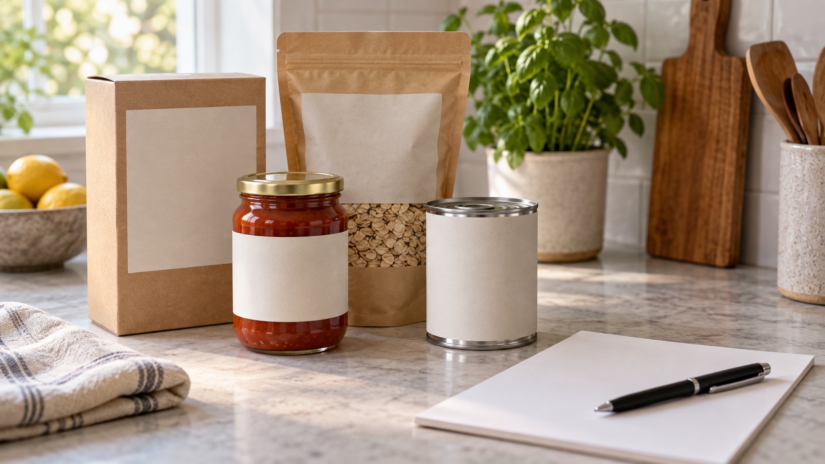 Several generic packaged foods sit beside a blank grocery list.