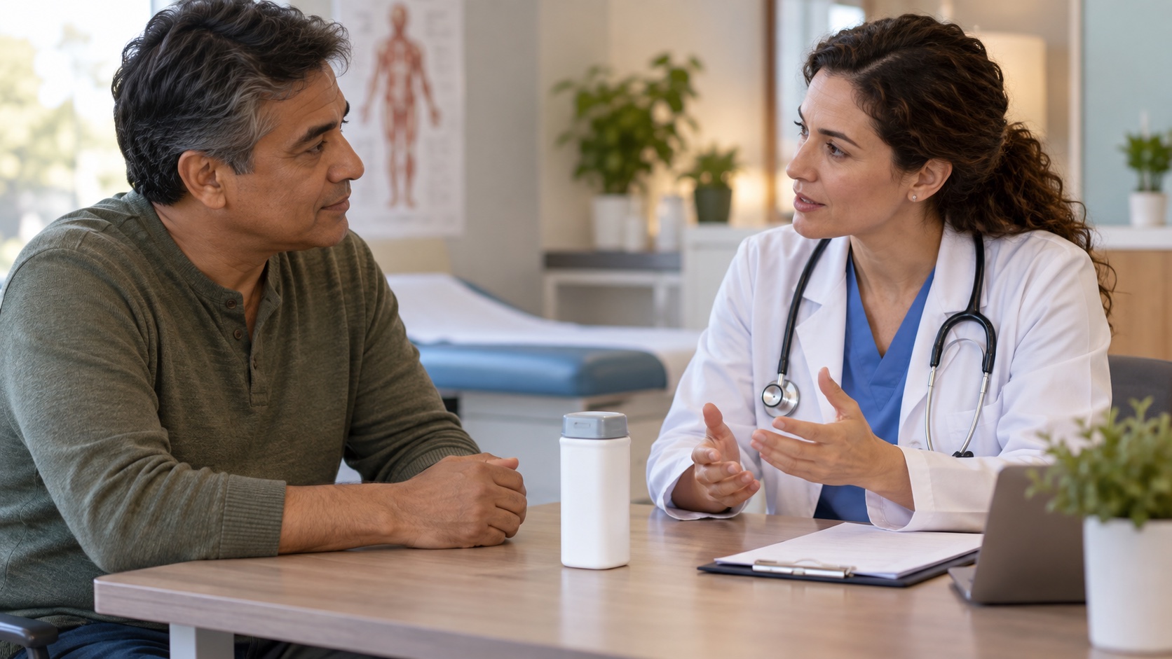 A clinician and adult look at a plain unlabelled container.