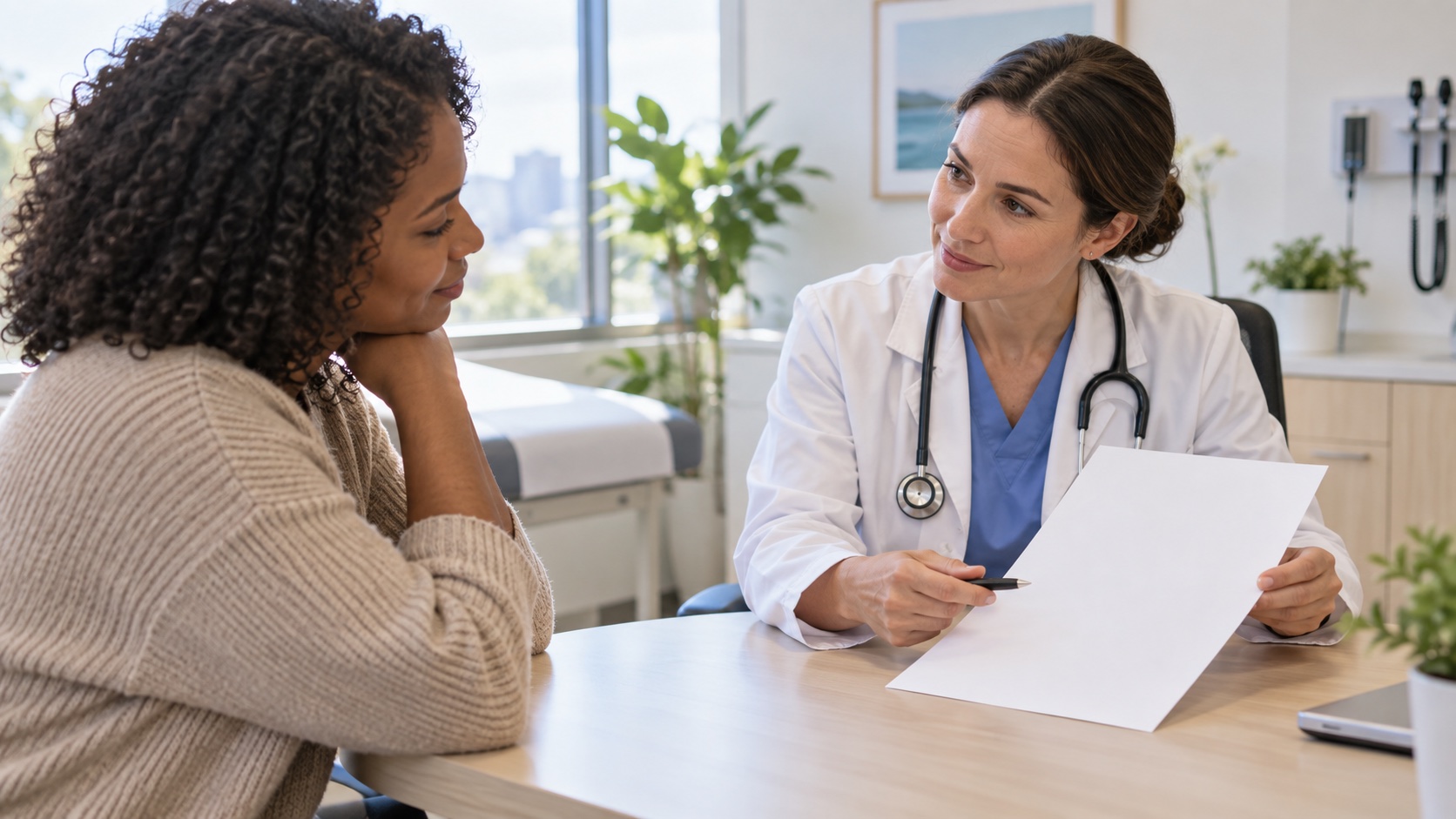 A clinician and adult review a blank sheet in a clinic.