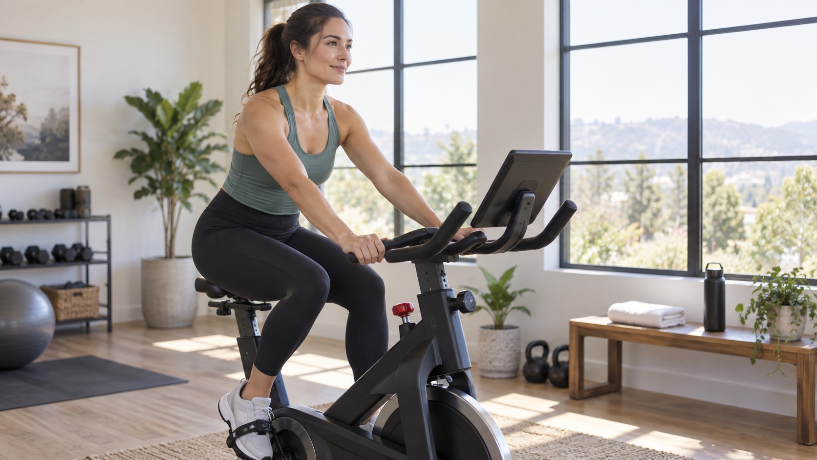 An adult pedals a stationary bicycle in a bright room.