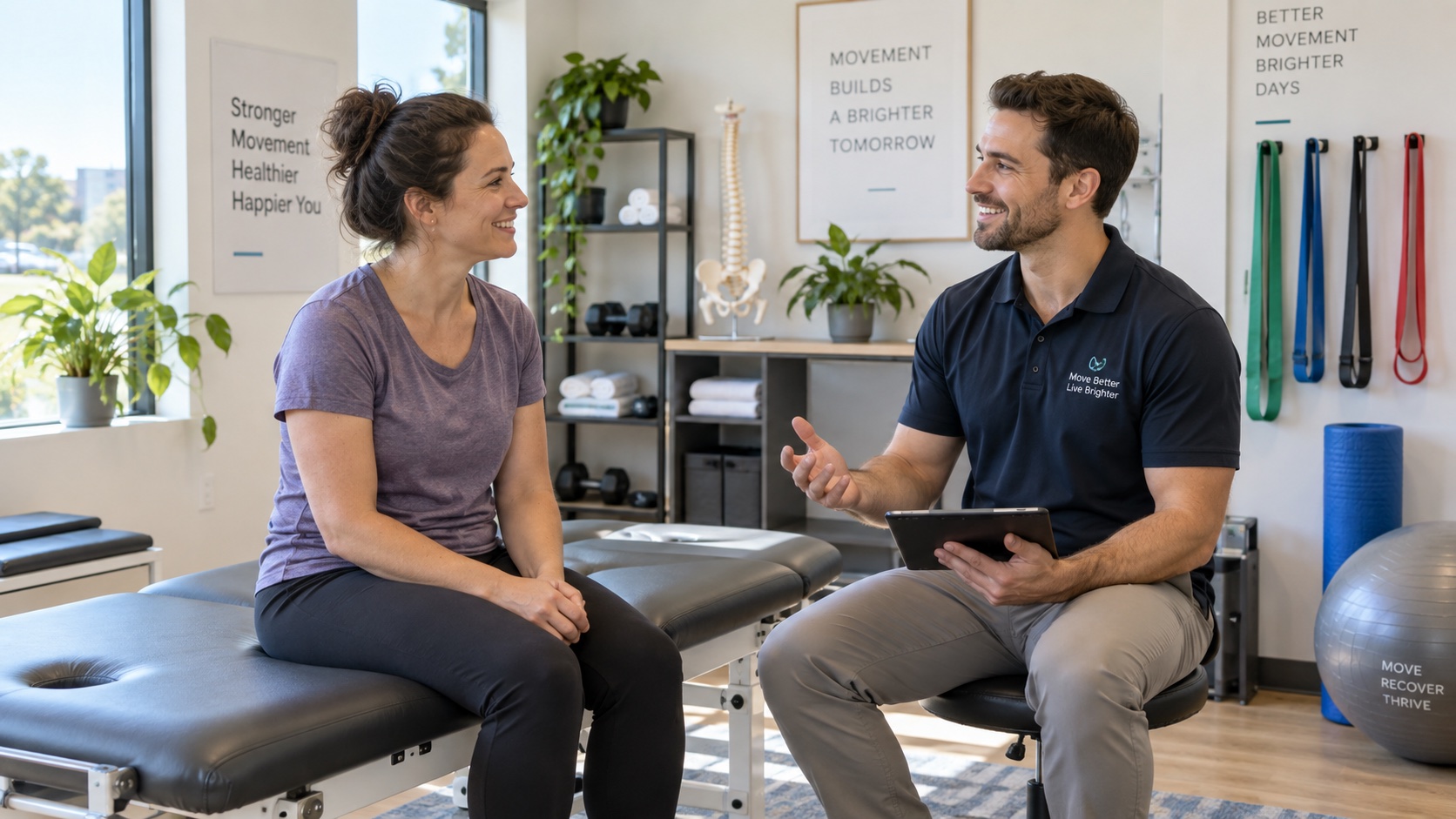 A physiotherapist speaks with an adult in a bright clinic.
