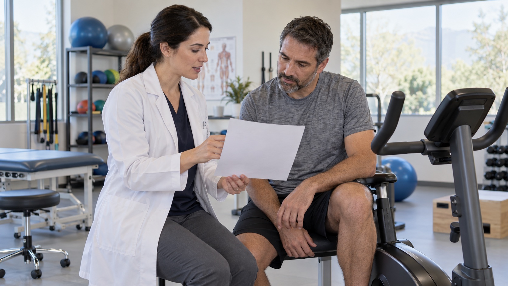 A clinician and adult discuss a blank paper by an exercise bike.