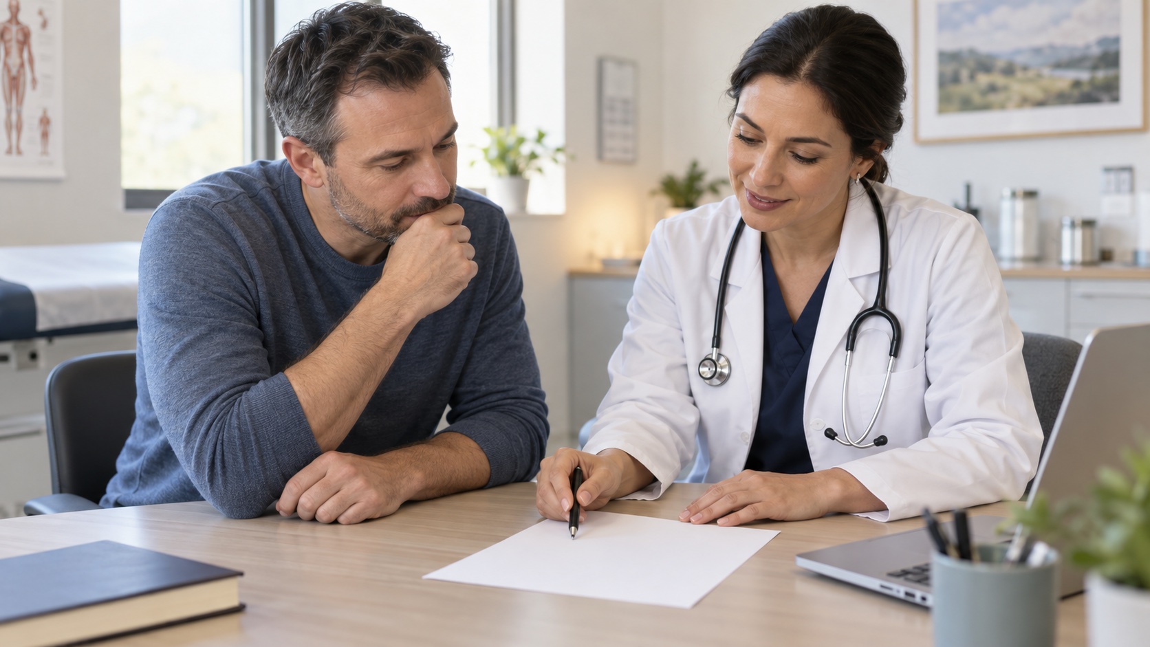 An adult shares a blank health-history sheet with a clinician.