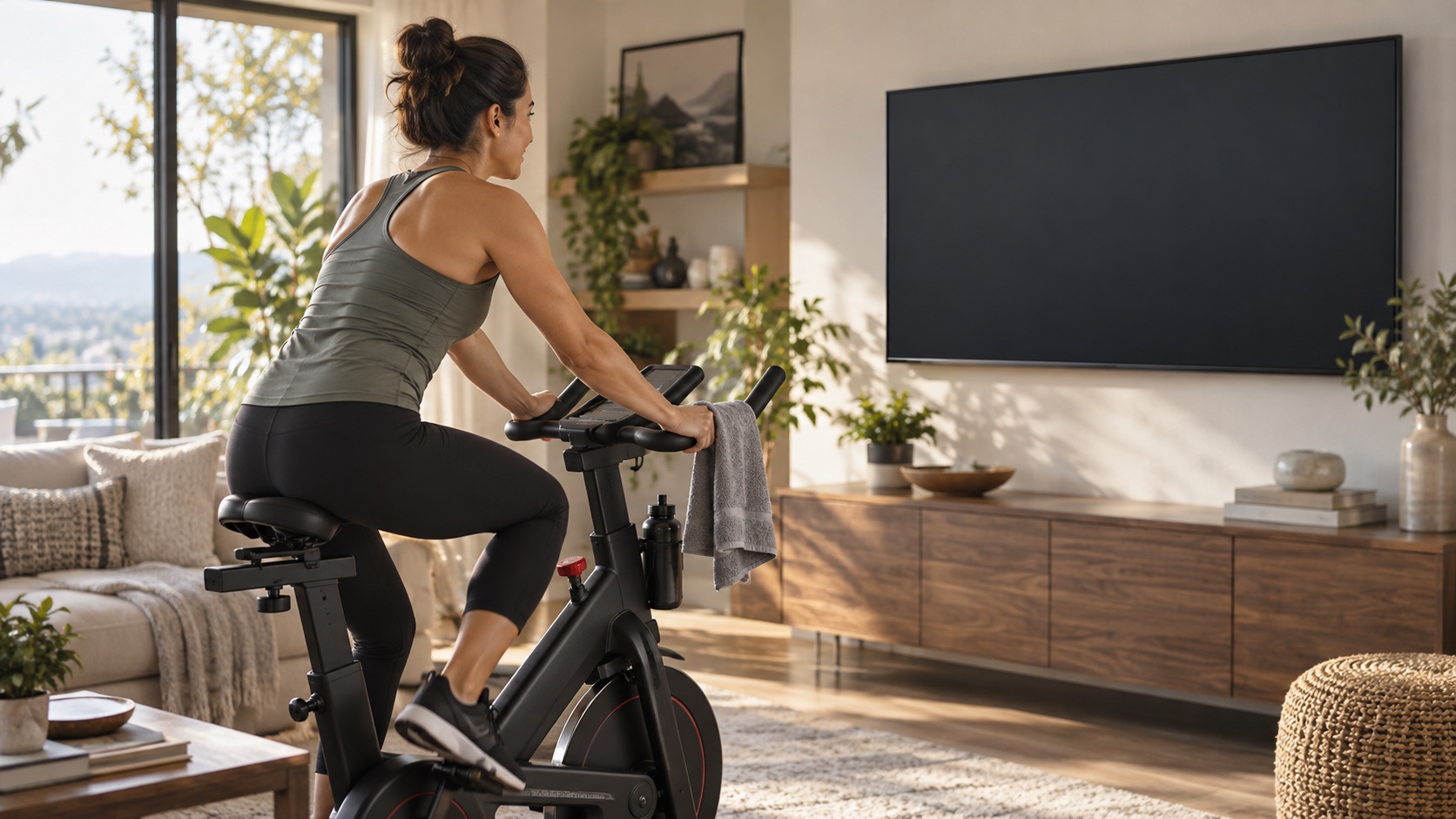 An adult pedals a stationary bicycle while watching a screen.