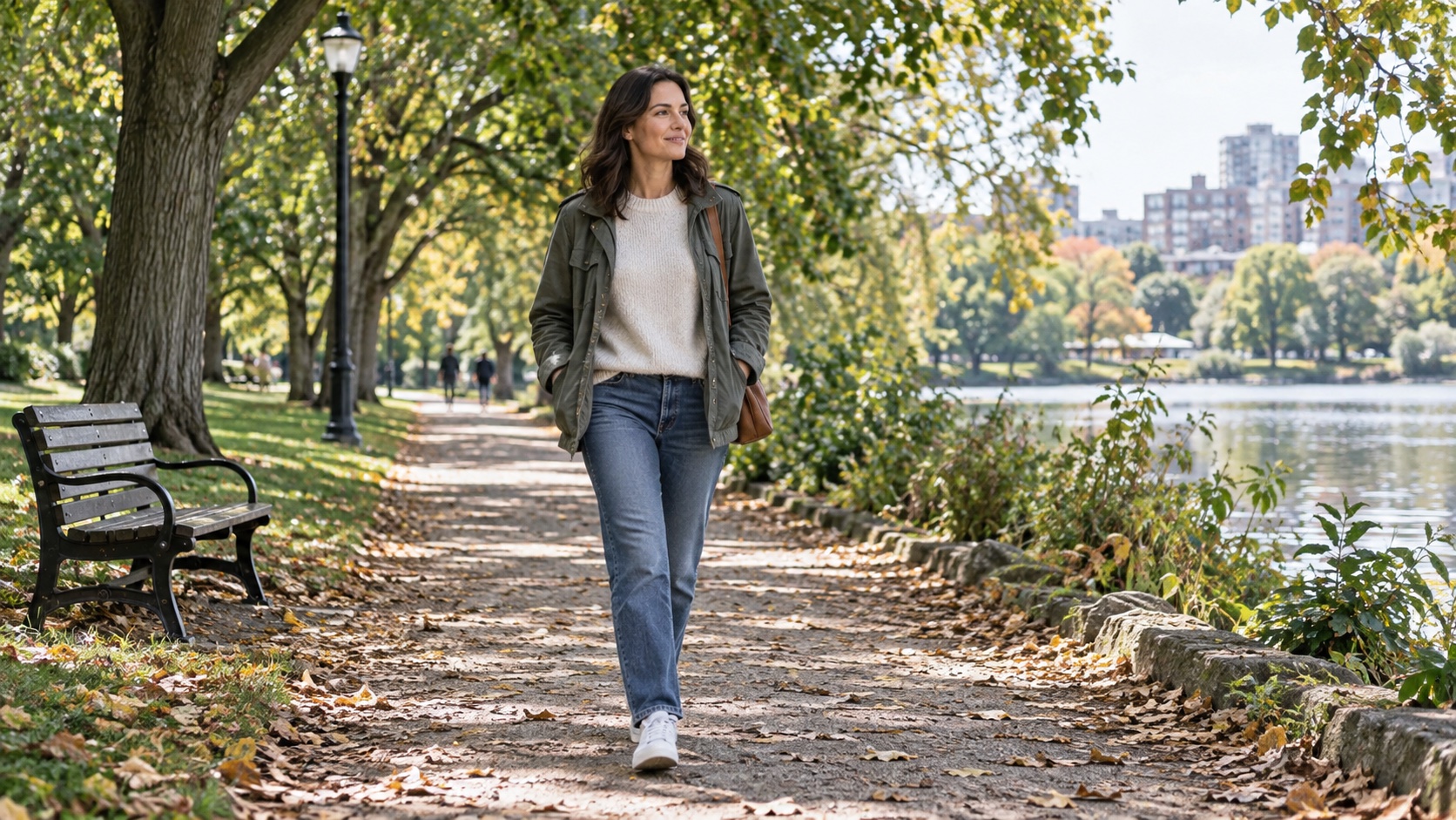 An adult walks along a leafy park trail.