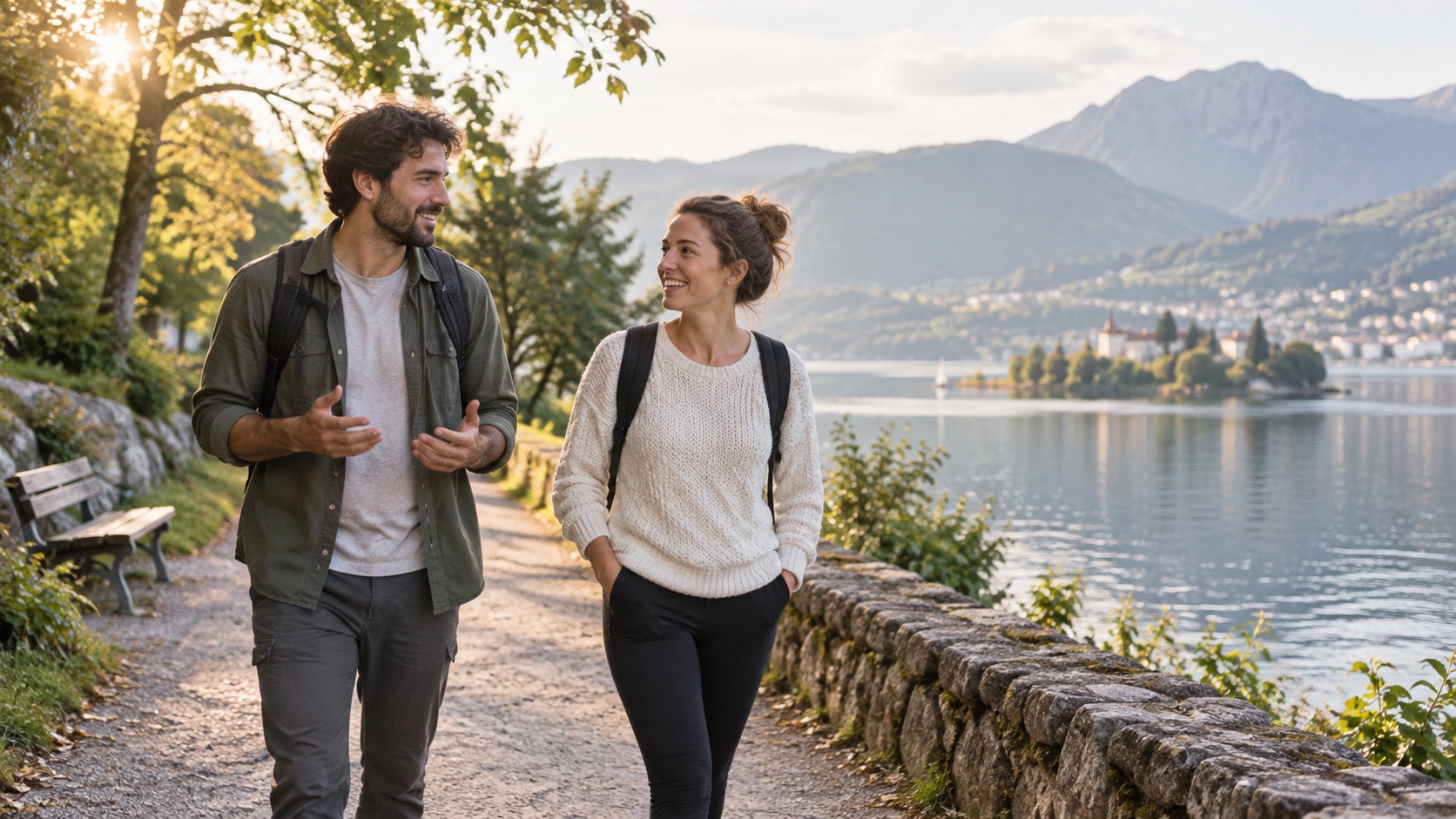 Two adults walk together in a park.