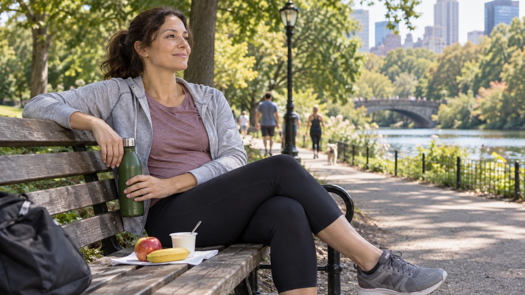 An adult rests with water and a small snack after a walk.